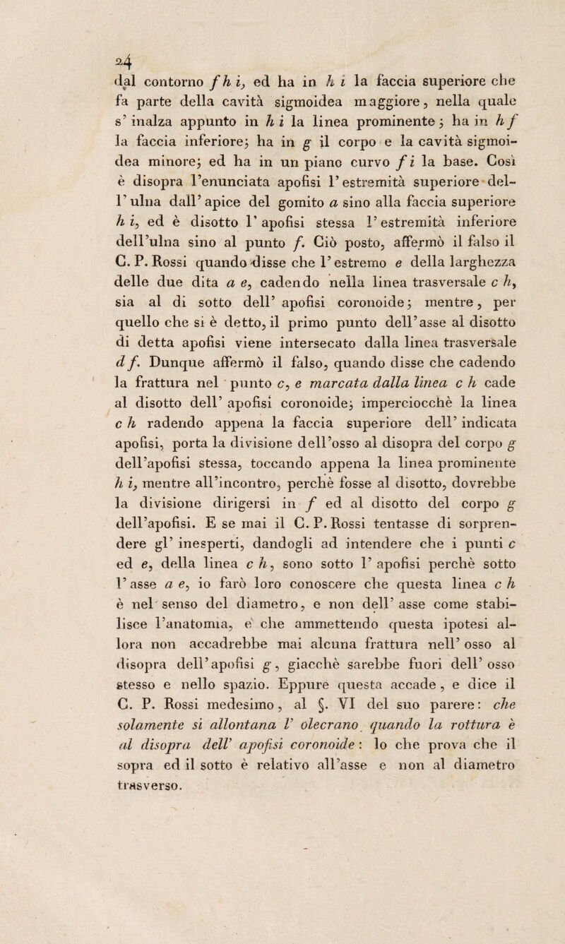 a4 dal contorno fhi} ed ha in h i la faccia superiore che fa parte della cavità sigmoidea maggiore, nella quale s’ inalza appunto in h i la linea prominente } ha in h fi la faccia inferiore} ha in g il corpo e la cavità sigmoi¬ dea minore} ed ha in un piano curvo fi la base. Cosi è disopra l’enunciata apofisi 1* estremità superiore del- l’ulna dall’apice del gomito a sino alla faccia superiore hi, ed è disotto 1’apofisi stessa l’estremità inferiore dell’ulna sino al punto f. Ciò posto, affermò il falso il C. P. Rossi quando disse che l’estremo e della larghezza delle due dita a e, cadendo nella linea trasversale c //, sia al di sotto dell’ apofisi coronoide} mentre, per quello che si è detto, il primo punto dell’asse al disotto di detta apofisi viene intersecato dalla linea trasversale d f Dunque affermò il falso, quando disse che cadendo la frattura nel punto c, e marcata dalla lìnea c h cade al disotto dell’ apofisi coronoide} imperciocché la linea c h radendo appena la faccia superiore dell’ indicata apofisi, porta la divisione dell’osso al disopra del corpo g dell’apofisi stessa, toccando appena la linea prominente h i} mentre all’incontro, perchè fosse al disotto, dovrebbe la divisione dirigersi in f ed al disotto del corpo g dell’apofisi. E se mai il G. P. Rossi tentasse di sorpren¬ dere gl’ inesperti, dandogli ad intendere che i punti c ed <?, della linea eh, sono sotto 1’apofisi perchè sotto l’asse a e, io farò loro conoscere che questa linea eh è nel senso del diametro, e non dell’asse come stabi¬ lisce l’anatomia, è che ammettendo questa ipotesi al¬ lora non accadrebbe mai alcuna frattura nell’ osso al disopra dell’apofisi g, giacché sarebbe fuori dell’osso stesso e nello spazio. Eppure questa accade , e dice il G. P. Rossi medesimo, al §. VI del suo parere: che solamente si allontana V olecrano quando la rottura è al disopra dell’ apofisi coronoide : lo che prova che il sopra ed il sotto è relativo all’asse e non al diametro trasverso.