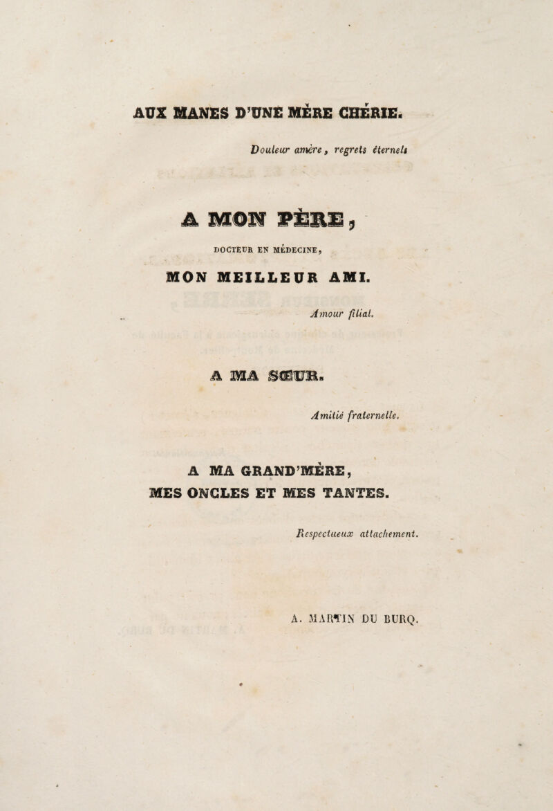 AUX MANES D’UNE MÈRE CHÉRIE. Douleur amère, regrets éternels a mmï wMmm , DOCTEUR EN MEDECINE « MON MEILLEUR AMI. Amour filial, A MA SCËUB. Amitié fraternelle. A MA GRAND’MÊRE, MES ONCLES ET MES TANTES. / Respectueux attachement.