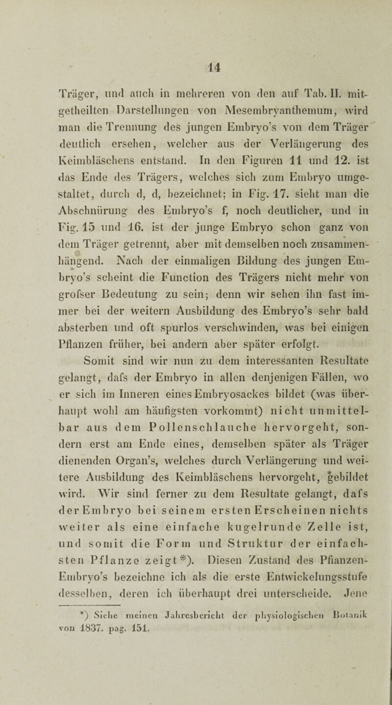 Träger, und auch in mehreren von den auf Tab. II. mit- getheilten Darstellungen von Mesembryanthemum, wird man die Trennung des jungen Embryo’s von dem Träger deutlich ersehen, welcher aus der Verlängerung des Keimbläschens entstand. In den Figuren 11 und 12. ist das Ende des Trägers, welches sicli zum Embryo umge¬ staltet, durch d, d, bezeichnet; in Fig. 17. sieht man die Abschnürung des Embryo’s f, noch deutlicher, und in Fig. 15 und 16. ist der junge Embryo schon ganz von dem Träger getrennt, aber mit demselben noch zusammen¬ hängend. Nach der einmaligen Bildung des jungen Em¬ bryo’s scheint die Function des Trägers nicht mehr von grofser Bedeutung zu sein; denn wir sehen ihn fast im¬ mer bei der weitern Ausbildung des Embryo’s sehr bald absterben und oft spurlos verschwinden, was bei einigen Pflanzen früher, bei andern aber später erfolgt. Somit sind wir nun zu dem interessanten Resultate gelangt, dafs der Embryo in allen denjenigen Fällen, wo er sich im Inneren eines Embryosackes bildet (was über¬ haupt wohl am häufigsten vorkommt) nicht unmittel¬ bar aus dem Pollenschlauche hervorgeht, son¬ dern erst am Ende eines, demselben später als Träger dienenden Organ’s, welches durch Verlängerung und wei¬ tere Ausbildung des Keimbläschens hervorgeht, gebildet wird. Wir sind ferner zu dem Resultate gelangt, dafs der Embryo bei seinem ersten Erscheinen nichts weiter als eine einfache kugelrunde Zelle ist, und somit die Form und Struktur der einfach¬ sten Pflanze zeigt*). Diesen Zustand des Pfianzen- Embryo’s bezeichne ich als die erste Entwickelungsstufe desselben, deren ich überhaupt drei unterscheide. Jene ¥) Siche meinen Jahresbericht der physiologischen Botanik von 1837. pag. 151.