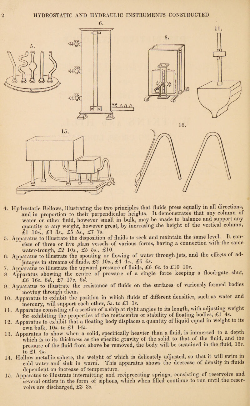 and in proportion to their perpendicular heights. It demonstrates that any column of water or other fluid, however small in bulk, may be made to balance and support any quantity or any weight, however great, by increasing the height of the vertical column, £1 105., £3 35., £5 55., £7 7s. 5. Apparatus to illustrate the disposition of fluids to seek and maintain the same level. It con¬ sists of three or five glass vessels of various forms, having a connection with the same water-trough, £2 105., £5 5s., £10. 6. Apparatus to illustrate the spouting or flowing of water through jets, and the effects of ad¬ jutages in streams of fluids, £2 105., £4 45., £6 6s. 7. Apparatus to illustrate the upward pressure of fluids, £6 65. to £10 105. 8. Apparatus showing the centre of pressure of a single force keeping a flood-gate shut, £6 I65. 6d., £7 175. 6d. 9.. Apparatus to illustrate the resistance of fluids on the surfaces of variously formed bodies moving through them. 10. Apparatus to exhibit the position in which fluids of different densities, such as water and mercury, will support each other, 55. to £1 15. 11. Apparatus consisting of a section of a ship at right angles to its length, with adjusting weight for exhibiting the properties of the metacentre or stability of floating bodies, £1 45. 12. Apparatus to exhibit that a floating body displaces a quantity of liquid equal in weight to its own bulk, IO5. to £1 145. 13. Apparatus to show when a solid, specifically heavier than a fluid, is immersed to a depth which is to its thickness as the specific gravity of the solid to that of the fluid, and the pressure of the fluid from above be removed, the body will be sustained in the fluid, 155. to £1 45. 14. Hollow metallic sphere, the weight of which is delicately adjusted, so that it will swim in cold water and sink in warm. This apparatus shows the decrease of density in fluids dependent on increase of temperature. 15. Apparatus to illustrate intermitting and reciprocating springs, consisting of reservoirs and several outlets in the form of siphons, which when filled continue to run until the reser¬ voirs are discharged, £3 35.