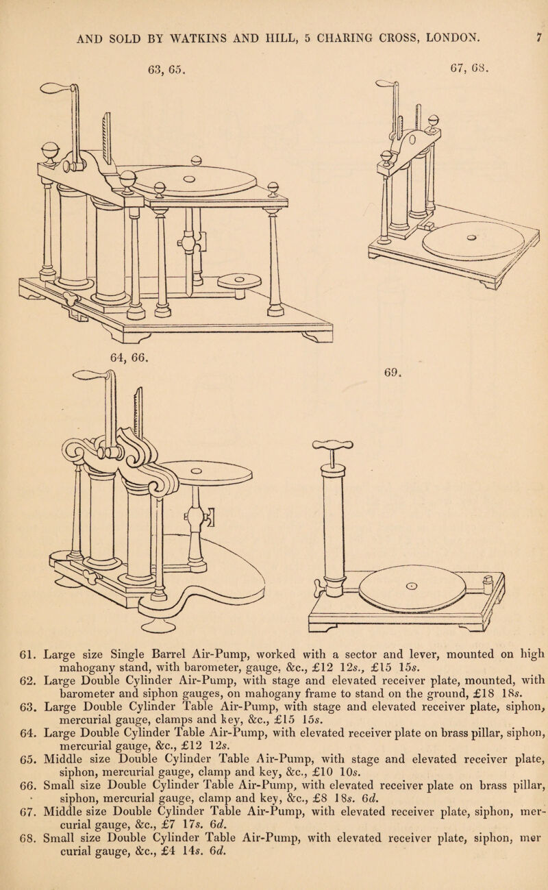 63, 65. 67, 68. 64, 66. 61. Large size Single Barrel Air-Pump, worked with a sector and lever, mounted on high mahogany stand, with barometer, gauge, &c., £12 12s., £15 15s. 62. Large Double Cylinder Air-Pump, with stage and elevated receiver plate, mounted, with barometer and siphon gauges, on mahogany frame to stand on the ground, £18 18s. 63. Large Double Cylinder Table Air-Pump, with stage and elevated receiver plate, siphon, mercurial gauge, clamps and key, &c., £15 15s. 64. Large Double Cylinder Table Air-Pump, with elevated receiver plate on brass pillar, siphon, mercurial gauge, &c., £12 12s. 65. Middle size Double Cylinder Table Air-Pump, with stage and elevated receiver plate, siphon, mercurial gauge, clamp and key, &c., £10 10s. 66. Small size Double Cylinder Table Air-Pump, with elevated receiver plate on brass pillar, siphon, mercurial gauge, clamp and key, &c., £8 18s. 6d. 67. Middle size Double Cylinder Table Air-Pump, with elevated receiver plate, siphon, mer¬ curial gauge, &c., £7 17s. 6d. 68. Small size Double Cylinder Table Air-Pump, with elevated receiver plate, siphon, mer curial gauge, &c., £4 14s. 6d.