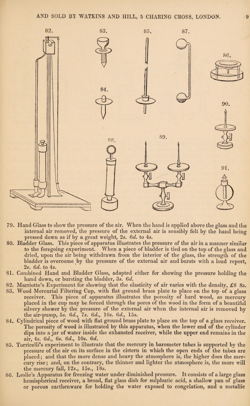 79. Hand Glass to show the pressure of the air. When the hand is applied above the glass and the internal air removed, the pressure of the external air is sensibly felt by the hand being pressed down as if by a great weight, 2s. 6d. to 4s. 80. Bladder Glass. This piece of apparatus illustrates the pressure of the air in a manner similar to the foregoing experiment. When a piece of bladder is tied on the top of the glass and dried, upon the air being withdrawn from the interior of the glass, the strength of the bladder is overcome by the pressure of the external air and bursts with a loud report, 2s. 6d. to 4s. 81. Combined Hand and Bladder Glass, adapted either for showing the pressure holding the hand down, or bursting the bladder, 3s. 6d. 82. Marriotte’s Experiment for showing that the elasticity of air varies with the density, £8 8s. 83. Wood Mercurial Filtering Cup, with flat ground brass plate to place on the top of a glass receiver. This piece of apparatus illustrates the porosity of hard wood, as mercury placed in the cup may be forced through the pores of the wood in the form of a beautiful silvery shower by the pressure of the external air when the internal air is removed by the air-pump, 5s. 6d., 7s. 6d., 10s. 6d., 15s. 84. Cylindrical piece of wood with flat ground brass plate to place on the top of a glass receiver. The porosity of wood is illustrated by this apparatus, when the lower end of the cylinder dips into a jar of water inside the exhausted receiver, while the upper end remains in the air, 4s. 6d.f 6s. 6d., 10s. 6d. 85. Torricelli’s experiment to illustrate that the mercury in barometer tubes is supported by the pressure of the air on its surface in the cistern in which the open ends of the tubes are placed; and that the more dense and heavy the atmosphere is, the higher does the mer¬ cury rise; and, on the contrary, the thinner and lighter the atmosphere is, the more will the mercury fall, 12s., 15s., 18s. 86. Leslie’s Apparatus for freezing water under diminished pressure. It consists of a large glass hemispherical receiver, a broad, flat glass dish for sulphuric acid, a shallow pan of glass or porous earthenware for holding the water exposed to congelation, and a metallic