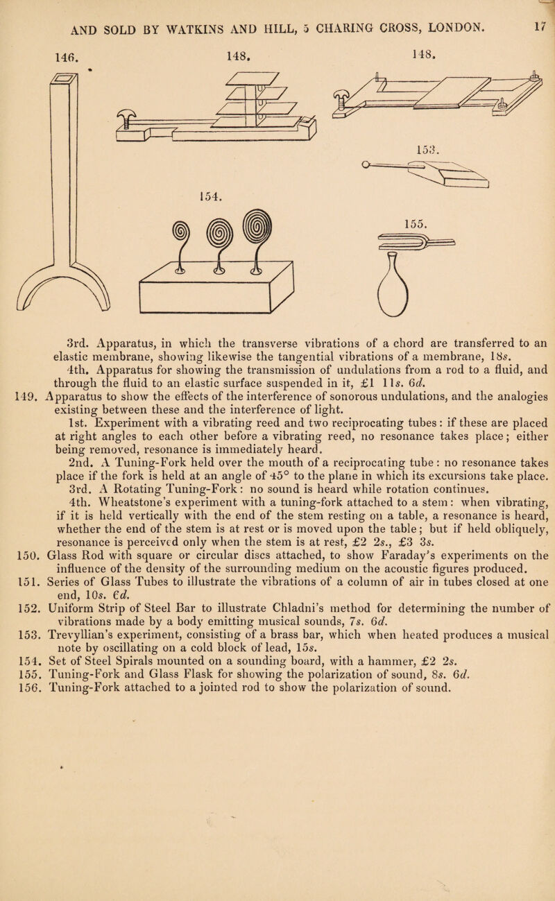 146. 148. 148. 3rd. Apparatus, in which the transverse vibrations of a chord are transferred to an elastic membrane, showing likewise the tangential vibrations of a membrane, 18s. 4th. Apparatus for showing the transmission of undulations from a rod to a fluid, and through the fluid to an elastic surface suspended in it, £1 11s. 6d. 149. Apparatus to show the effects of the interference of sonorous undulations, and the analogies existing between these and the interference of light. 1st. Experiment with a vibrating reed and two reciprocating tubes: if these are placed at right angles to each other before a vibrating reed, no resonance takes place; either being removed, resonance is immediately heard. 2nd. A Tuning-Fork held over the mouth of a reciprocat ing tube : no resonance takes place if the fork is held at an angle of *±5° to the plane in which its excursions take place. 3rd. A Rotating Tuning-Fork: no sound is heard while rotation continues. 4th. Wheatstone’s experiment with a tuning-fork attached to a stem: when vibrating, if it is held vertically with the end of the stem resting on a table, a resonance is heard, whether the end of the stem is at rest or is moved upon the table; but if held obliquely, resonance is perceived only when the stem is at rest, £2 2s., £3 3s. 150. Glass Rod with square or circular discs attached, to show Faraday's experiments on the influence of the density of the surrounding medium on the acoustic figures produced. 151. Series of Glass Tubes to illustrate the vibrations of a column of air in tubes closed at one end, 10s. £d, 152. Uniform Strip of Steel Bar to illustrate Chladni’s method for determining the number of vibrations made by a body emitting musical sounds, 7s. 6d. 153. Trevyllian’s experiment, consisting of a brass bar, which when heated produces a musical note by oscillating on a cold block of lead, 15s. 154. Set of Steel Spirals mounted on a sounding board, with a hammer, £2 2s. 155. Tuning-Fork and Glass Flask for showing the polarization of sound, 8s. 6d. 156. Tuning-Fork attached to a jointed rod to show the polarization of sound.