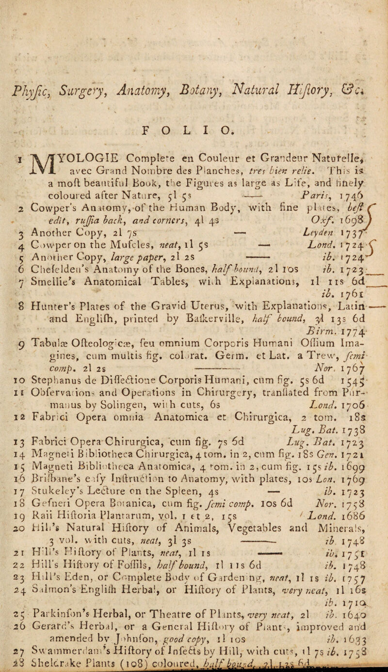PJiyJic, Surgery, Anatomy, Botany, Natural Hljlory, FOLIO. I \ /TYOLOGIE Complete en Couleur et Grandeur Natufelle, XV A avec Grand No mb re des Planches, ires bien relie. Phis is a moft beautiful Book, the Figures as large as Life, and ritiely coloured after Nature, $1 5s -- Paris, 1746 2 Cowper’s Anatomy, of the Human Body, with fine plates, heft edit, rujjia hack, and corners, 4I 4s Oxf. 1698 ) 3 Another Copy, 2I 7s — Leyden 173 j 4 Cowperon the Mufcles, neat, il 5s 5 Another Copy, large paper, 2I 2s 6 Chefclden’s Anatomy of the Bones, half hound, 2I ios 7 Smellie’s Anatomical Tables, whh Explanations, Lond. 1 724 ■< ib. <724^ ib. 1 7«3‘:_ il ns 6d /<5. 1765 8 Planter’s Plates of the Gravid Uterus, with Explanations, Latin * and Englifh, printed by Balkerville, half bound, 3.I 13s 6d Birm. 1774 9 Tabulae Ofteolog'cte, feu omnium Corporis Humani Offium ima¬ gines, cum multis fig. col -rat. Germ, et Lat. aTrew, femi- comp. 2I 2s - Nor. 1767 10 Stephanus de Difledtione Corporis Humani, cum fig. 3s 6d 194^ 11 Obfervarions and Operations in Chirurgery, tranllated from Pur-- manus by Solingen, wiih cuts, 6s Bond. 1706 12 Fabrici Opera omnia Anatomica et Chirurgica, 2 tom. 18s Bug. Bat. 1738 13 Fabrici Opera Chirurgica, cum fig. 7s 6d Bug. Bat. 1723 14 Magneti Bibliotheca Chirurgica, 4tom. in 2, cum fig. 18s Gen. 1721 13 Magneti Bibliotheca Anatomica, 4 tom. in 2, cum fig. 15s ib. 1699 16 JBrifbane’s eafiy Inftrudtion to Anatomy, with plates, ios Lon. 1769 17 Stukeley’s Lecture on the Spleen, 4s — ib. 1723 18 Gefneri Opera Boianica, cum fig. femi comp. ios 6d Nor. 5758 19 Raii Hiftoria Planrarum, vol, i et 2, 15s / Bond. 1686 20 Hill’s Natural Hiflory of Animals, Vegetables and Minerals, 3 vol. with cuts, neat, 3I 3s -- ib. 1748 21 H:li’s Hiflory of Plants, neat, il is —— ib. 173! 22 Hill's Hiftory of Fofiils, half bound, il 1 1 s 6d ib. 1748 23 Hill’s Eden, or Complete Body of Gardening, neat, il is ib. 1737 24 Salmon’s Engliih Herbal, or Hiflory of Plants, very neat, il 165 ib. 171 Qk 23 Parkinfon’s Herbal, or Theatre of Plants, very neat, 2I ib. 1640 26 Gerard’s Herbal, or a General Hiflory of Piant , improved and amended by Johnfon, good copy, il ios ib. 1633 27 Swammerdam’s Hiflory of Infedts by Hill, with cuts, il 7s ib. 17 38 iS Sheldrake Plants (108) colonrej, l,.u^  .