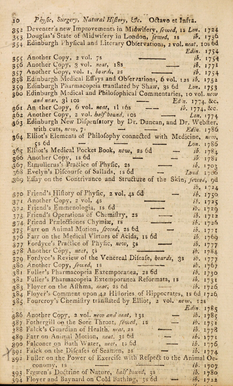 » ^52 Deventer’s new Improvements in Midwifery, fewcd, is Lon. 1724. 353 Douglas’s State of Midwifery in London, Jewed, is ib. 1736 354 Edinburgh Phyfical and Literary Obfervations, 2 vol. neat, ios6d Edin. 1754 357 Another Copy, 2 vol. 7s - ih. 1754 356 Another Copy, 3 vol. neat, 183 _ ib. j 771 357 Another Copy, vol. 1, bo Ards, 2s ... 1754 338 Edinburgh Medical EfDys and Obfer/ations, 6 vol. 12s z'£. 1752 359 Edinburgh Pharmacopeia tranilated by Shaw, 3s 6d Lon. 1753 360 Edinburgh Medical and Philofophical Commentaries, 10 vol. new and neat, 31 10s - Ed:n. 1774, &c. 361 An ther Copy, 6 vol. neat, il 16s -- /£. 1774, &c. 362 Another Copy, 2 vol. half bound, ios -, Lon. 1 7 7.4, ,363 Edinburgh New Difpenfatory by Dr. Duncan, and Dr. Webfter, with cuts, new, 7s _ —* —— Edin. 1 786 364 Elliot’s Elements of Philofophy conneded with Medicine, 1786 iB. 1784 1781 *7°3 17 do 36S S66 66 7 368 ,369 .370 37 * o 7 2 373 374 37 S 376 377 378 379 380 381 n 383 384 3 8-5 386 3 8 7 388 389 390 '391 39 2 393 394 5s 6d Elliot’s Medical Pocket Book, new, 2s 6d Another Copy, is 6d —— Etniulierus’s Prabtice of Ph.ylic, 2s Evelyn’s Difcourfe of Sallads, is 6d Eilay on the Contrivance and Strudure of the Skin, Jewed, 9d ib. 1724 Friend’s Hiftory of Phyhc, 2 vol, 4s 6d — ib. 1750 Another Copy, 2 vol. 4s -— ■■ - it. 1723 Friend’s Emmenologia, is 6d Friend’s Operations of Chemiilry, 2S Friend Praelediones Chymise, is Farr on Animal Motion, Jewed, 2S 6d Farr on the Medical Virtues of Acids, is 6d Fordyce’s Practice of Phyiic, new. Another Copy, neat, 5s 5s Fordyce’s Review of the Venereal Difeafe, Boards, 6 Another Copy, Jewed, is 05 iv. ib. ib. ib. ib. ib. ib, ih. ib. ib. ib. ib. ih. ' ib. x729 1712 1726 1771 1769 *777 1784 ‘777 1767 1730 173« 1726. Fuller’s Pharmacopeia Exfemporanea, 23 6d Fuller’s Pharmacopeia Extemporanca Reformata, is Floyer on the Allhma, neat, 2s 6d -- Floyef’s Comment upon 4,2 Hidories of Hippocrates, is 6d 1726 FourcroyV Chemiftry tranflated by Elliot, 2 vol. new, 12s Edin. 1785 Another Copy, 2 vol. new and neat, 13s —— ib. Fothergiil on the Sore Throat, fswed, is — ib. Falck’s Guardian of Health, neat, .2s — ib. Parr on Animal Motion, neat, 3s 6d ,«— tb. Falconer on BathWater, neat, is 6d -ib. Falck on the Difeafe s of Seamen, 23 — ib. Fuller on the Power of Exercife with Refped to the Animal Oe- conomy, is - --- ib. 1707. Frewen’s Dodrine of Nature, half Bound, 3 s ib. 1780 Floyer and Baynard on Cold Bathing, 3s 6d - ib. 1722 178; '75' 1778 1771 >7/6 177+