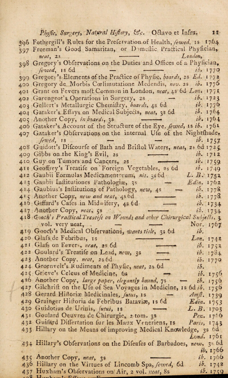 ^96 Fofhergili’s Rules for the Preservation,of Health, fewed, is 1764. 397 Freeman’s Good Samaritan, or Dameftic Pradhical Phyfician, London, neat, 2 s 398 Gregory’s Obfervations on the Duties and Offices of a Phyfician, jewed, is 6d — --- ib, 1770 399 Gregory’s Elements of the Practice of Phyfic, boards, 2s Ed. 1772 400 Gregory de Morbis Coelirnutatione Medendis, nov. 2s ib. 177^ 401 Grant on Fevers mod Common in London, neat, 4s 6d Lon, 1771 402 Ga.rengeot’s Operations in Surgery, 2s , —• ib. 1723 403 Gellert’s Metailurgic Cbemifhy, hoards, 4s 6d ib. 177b 404 Qataker’s. Effiays on Medical Subjects, neat, 3s 6d ib. 1764 405 Another Copy, in boards, 3s -.. ib, 1764 406 Gataker’a Account of. the Strudfure of the Eye, fevoed, is ib. 1761 407 Gataker’s Obfervations on the internal Ufe of the Nightfhade* Jewed, is — — ib. 1757 408 Guidott’s Difcourfe of Bath and Briflol Waters, neat, 2s 6d 1723. 409 Gibbs on the King’s Evil, 2s 410 Guy on Tumors and Cancers, 2s 411 Geoffrey’s 1 reatife on Foreign Vegetables, 2s 6d 412 Gaubii Formulas Medicjamentoium, nit. 3s 6d 413 Ga.ubii Inilitutiones Pathologiae, 3s —- 414 Gaubius’s Inilitutions of Pathology, new, 4s —. 415 Amother Copy, new and neat, 4s 6d -- 416 Giffard’s Cafes in Midwifery, 4s 6d - 417 Another Copy, neat, 3s ib. ib. ib. L. B. Ldln. ib. ib. ib. ib. 1712 17 59 1749 *75* 1762 177S 1778 *734 1734 418 Gooch's Practical Treatife on Wounds and other Chirurgical Su-Jeffs, 3. vol. very neat, 419 Gooch’s Medical Obfervations, wants title, 3s 6d 420 Glafs de Febrib us, is ■ ■ ■ — - 421 Glafs on Fevers, neat, 2s 6d -■ ■■ ■ - Nor. ib. ‘767 422 Goulard’s Treatife on Lead, new, 3s 423 Another Copy, neat, 2s 6d 424 G-roenvelt’s Rudiments of Phyfic, neat, 2s 6d 425 Grieve’s Celcus of Medicine, 6s — 426 Another Copy, large-paper, elegantly bound\ 7s Lon. 1742 ib. 1752 ib. 178+ ib. 1770 ib. ib. 1756 ib. >75*4 428 Gerard Hiftoriae Medicipales, Jutus, is 429 Grainger Hilboria de Febribus Batavise, is 6d 430 Guidotius de Urinis, jutus, is - Amft. Kdin. L.B. Pcs. Paris, 1739 *75 3 I7°3 1766 *743 431 Goulard Oeuvres de Chirurgie, 2 tom. 3s 432 Guifard Dilfertation fur les Manx Veneriens, is 433 Hillary on the Means of improving Medical Knowledge, 3s 6d Bond. 1761 434 Hillary’s Obfervations on the Difeafes of Barbadoes, new, 3s 6d , ib, 1766 435 Another Copy, neat, 3s -■■■■ ib. 1766 436 Hillary on the Virtues of Lincomb Spa,/£Hv£v/, 6d ib. 1742 437 Huxham’s Obfervations on'a r? /r_