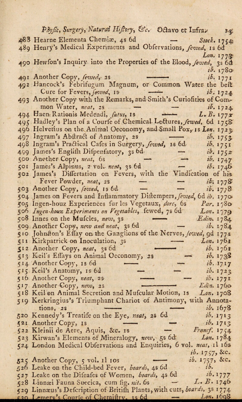 4^3- 489 490 PByfi'c, Surgery,-Natural Hijtory, &c. Odtavo et Infra#' Hearne Elementa Chemise, 4s 6d — Stock. 175^ Henry’s Medical Experiments and Obfervations, fewed, is 6d Lon. 177.5* Hevvfon’s Inquiry into the Properties of the Blood, fewed, 3s 6d 491 49 2 Another Copy, fewed,- -s 1780 ib. 1771 Hancock’s Febrifugum Magnum, or Common, Water the bed Cure for Fevers,fewed, is- ——^ ib* 1724 493 494 495 496 497 498 499 500 501 502 Another Copy with the Remarks, and Smith’s Curiofitres of Com¬ mon Water, neat, 2s — — ib. 1724. Haen Rationis Medendi, futus, is L.B. ijjt Hadley’s Plan of a Courfe of Chemical LeEtures, fewed. 6d 1738' Helvetius on the Animal Oeconomy, and Small Pox,'is Lon. 1723; Ingram’s Abflracl of Anatomy, 2s ib. 1753, Ingram’s Practical Cafes in Surgery, fewed, i-s 6d> ib. 1751 James’s Englifh Difpenfatory, 3s 6d — ib. 1752 Another Copy, neat, 6s —* *—* ib. 1747 James’s Alp inns, 2 v©k -neat, 3s 6d ■— ib. 1746 5°3 504 5°5 £506 508 509 510 511 512 Sx3 514 5*5 516 517 518 5 l9 James’s Dvlfertation on Fevers, with the Vindication of his. Fever Powder, neat, 2s —- — ih. 177% Another Copy, fewed, 13 6d — — ib. 177$ James on Fevers and Inflammatory Diftcmpers, fewed, 6d ib. 1770 Ingen-houz Experiences fur les Vegetaux, dare, 6s Par. 1780 Ingen-houz, Experiments on Vegetables, fewed, 7s 6d Lon, 1779 Innes on the Mufcles, nnv, 3s --- Ldin>. 1784 Another Copy, new and neat, 3s 6d — ib. 1784 Johniton’s EfTay onithe Ganglions of the Nerves, Jewed, gd 177.5 Kirkpatrick cm Inoculation, 3s Another Copy, neat, 3 s 6d < Keil's Effays on Animal Oeconomy, 2s Another Copy, is 6d -- Keil’s Anatomy, is 6d —• Another Copy, neat, 2S- .. Another Copy, new, 2s Lon. 1761 ib. 176 s ih. 173,8 ib. 1717 ib. 172 ib. 1771 Edin. 1760 Lon. 1708 520 521 522 523 524 Keil on Animal Secretion and Mufcular Motion, is Kerkringius’s Triumphant Chariot of Antimony, with Annota tions, 2s -.- — ib. 1678 Kennedy’s Treatife on the Eye, mat, 2S 6d ib. 1713 Another Copy, is -- — ib. 1713 Kleinii de Aere, Aquis, See. is — Fr&ncf 1734 Kirwan’s Elements of Mineralogy, new, 5s 6d Lon. 1784 5*5 526 5*7 528 529 ran London Medical Obfervations and Enquiries, 6 vol. neat, il 16s ib. 1757, &c„ Another Copy, 5 vol, il 10s — ib. 1757, Sec. Leake on the Child-bed Fever, boards, 4s 6d ib. Leake on the Difeafes of Women, boards, 4s 6d tb. 1777 l-innsei Fauna Su-ecica, cum fig. nit. 6s —- L. B. 1746 Linnaeus’s Defcription of Britifh Plants, wkh cuts, boards, 3s 1774. r-nllrle of Chemiftry- ts 6d — lm. i6q8