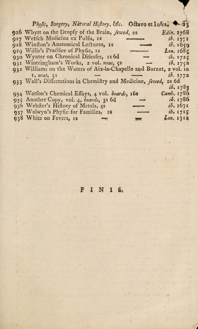 T Vhyficy Surgery, Natural Hiftory, &c. O£lavo etXnfrai ^ -23 926 Whytt on the Dropfy of the Brain, Jewed, 2s 927 Wetfch Medicina ex Pudfu, is »— 928 Winfton’s Anatomical Ledtures, is 929 Willis?s Practice of Phylic, is —- 930 Wynter on Chronical JDifeafes, is 6d 931 Wintringham’s Works, 2 vol. neat, 5s Edtn. 1768 ib. 17; 1 ih. 1659 Eon, i68£ ih, 1725 ih, 1752 932 Williams on the Waters of Aix-la-Chapelle and Borzet, 2 vol. in 1, neat, 5s — - ib. 1772 933 Wall’s Differtations in Chemiltry and Medicine, fewed, 2s 6d ih. 178 934 Watfon’s Chemical Eflays, 4 vol. hoards, 16s 935 Another Copy, vol. 4, boards, 3s 6d 936 Webfter’s Hiftory of Metals, 4s —- 937 Walwyn’s Phylic for Families, is 938 White on Fevers, is Camb. 1786 ib. 1786 2#. 167I ib. 1715 17 ig F I N I