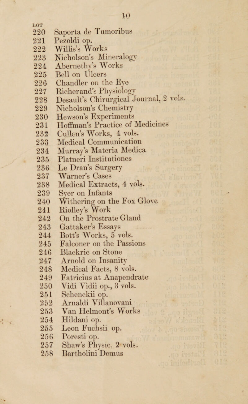 LOT 220 Saporta (le Tumoribus 221 Pezoldi op. 222 Willis’s Works 223 Nicholson’s Mineralogy 224 Abernethy’s Works 225 Bell on Ulcers 226 Chandler on the Eye 227 Richerand’s Physiology 228 Desault’s Chirurgical Journal, 2 vols 229 Nicholson’s Chemistry 230 Hewson’s Experiments 231 Hoffman’s Practice of Medicines 232 Cullen’s Works, 4 vols. 233 Medical Communication 234 Murray’s Materia Medica 235 Platneri Institutiones 236 Le Dran’s Surgery 237 Warner’s Cases 238 Medical Extracts, 4 vols. 239 Syer on Infants 240 Withering on the Fox Glove 241 Riolley’s Work 242 On the Prostrate Gland 243 Gattaker’s Essays 244 Bott’s Works, 5 vols. 245 Falconer on the Passions 246 Blackric on Stone 247 Arnold on Insanity 248 Medical Facts, 8 vols. 249 Fatricius at Anapendrate 250 Vidi Yidii op., 3 vols. 251 Schenckii op. 252 Arnaldi Villanovani 253 Van Helmont’s Works 254 Ilildani op. 255 Leon Fuchsii op. 256 Poresti op. 257 Shaw's Physic, 2 vols. 258 Bartholini Domus