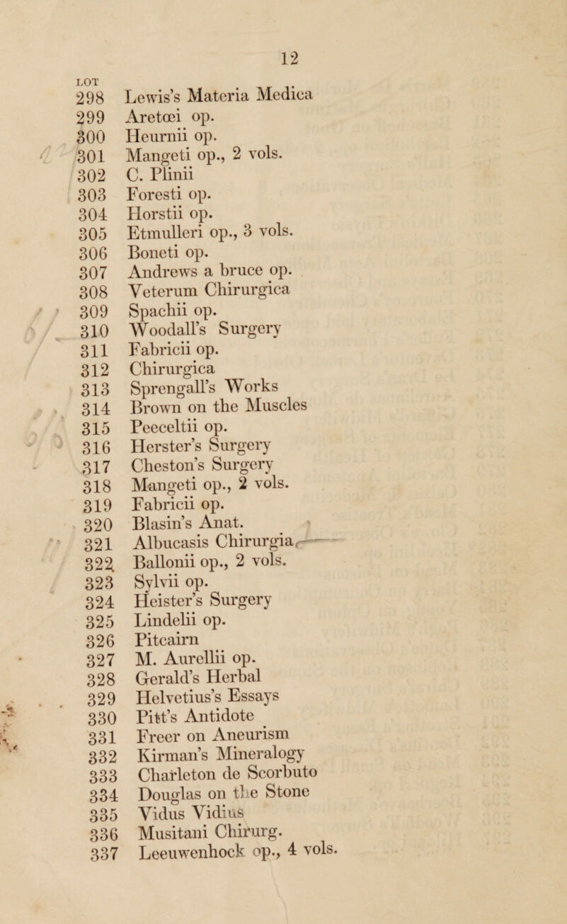 L0T . 298 Lewis’s Materia Medica 299 Aretoei op. 300 Heurnii op. 301 Mangeti op., 2 vols. 302 C. Plinii 303 Foresti op. 304 Horstii op. 305 Etmulleri op., 3 vols. 306 Boneti op. 307 Andrews a bruce op. 308 Veterum Chirurgica 309 Spachii op. 310 Woodall’s Surgery 311 Fabricii op. 312 Chirurgica 313 Spren gall’s Works 314 Brown on the Muscles 315 Peeceltii op. 316 Herster’s Surgery 317 Cheston’s Surgery 318 Mangeti op., 2 vols. 319 Fabricii op. 320 Blasin’s Anat. . * 321 Albucasis Chirurgiar-- 322. Ballonii op., 2 vols. 323 Sylvii op. 324 Hcister’s Surgery 325 Lindelii op. 326 Pitcairn 327 M. Aurellii op. 328 Gerald’s Herbal 329 Helvetius’s Essays 330 Pitt’s Antidote . 331 Freer on Aneurism 332 Kirman’s Mineral ogy 333 Charleton de Scorbuto 334 Douglas on the Stone 335 Vidus Vidius 336 Musitani Chirurg. 337 Leeuwenhoek op., 4 vols.