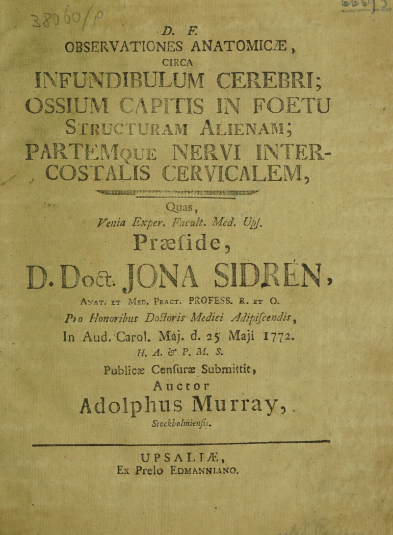 D. F OBSERVATIONES ANATOMICAS, CIRCA vzs/smsm*' Quas , Venia Exper. Facult. Med* UpJ, Prsefide, Anat. et Med. Pract. PROFESS. R. et O. Pfo Honoribus DoSioris Medici Adipiscendis} In Aud. Carol* Maj. d. 25 Maji 1772. //. A P. M. S. Publici Cenfuras Submittit 1 Auctor Adolphus Murray,. StQckholmknfis. UPS ALT/E, Ex Prelo Edmanniano.