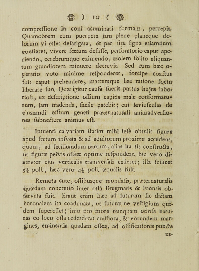 w compreffione in coni acuminari formam, percepit. Quamobrem cum puerpera jam plene planeque do¬ lorum vi edet defarigaca, & per fu a figna etiamnum conflaret, vivere foetum defiifie, perforatorio caput ape¬ riendo, cerebrumque eximendo, molem folito aliquan¬ tum grandiorem minuere decrevit. Sed cum hsec ef¬ feratio voto minime refponderet, forcipe coadus fuit caput prehendere, matremque hae ratione foetu liberare fuo. Qux igitur caufa fuerit partus hujus labo* riofi, ex deferipeione offium capitis male conformato¬ rum, jam tradenda, facile patebit f cui leviufculas de ejusmodi offium genefi praeternaturali animadverfio- nes fubnedere animus eft Intuenti calvariam flatim mihi fele obtulit figura apud foetum infveta & ad adultorum proxime accedens, quum, ad facilitandum partum, alias ita fit conftruda, ut figura? pelvis offea: optime refpondeat, hic vero di¬ ameter ejus verticalis transverfali cederet; illa fcilicet 5i poli., hxc vero 4^ poli, requalis fuit. Remota cute, offibusque mundatis, pra^ternaturalis qutedam concretio inter olla Bregmatis & Frontis ol> fervata fuit. Erant enim hxc ad luturam fic didam coronalem ita coadunata, ut futura? ne vefHgium qui¬ dem fupereffet; imo pro more nunquam otiofa natu¬ ras eo loco olla reddiderat craffiora, & eorundem mar¬ gines, eminentia quadam oflea, ad offificationispunda us-
