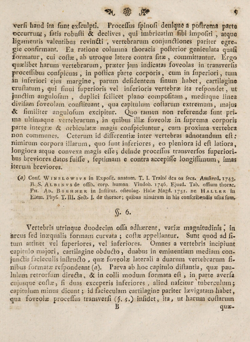 verfi haud Sta funt exfculpti, ProcefTus fpinofi denfqtis a poflrema parte occurrunt , fatis robufti & declives, qui imbricarim fibi impoliti , atque ligamentis valentibus revin&i , vertebrarum conjunctiones pariter egre¬ gie confirmant. Ea ratione columna thoracis pofterior geniculata quafi formatur, cui coftas, ab utroque latere contra fitas , committantur. Ergo quaelibet harum vertebrarum, praeter jam indicatas foveolas in transverlis proceflibus confpicuas , in poblica parte corporis, cum in fuperiori, tum in inferiori ejus margine, parum defidentem finum habet, cartilagine cruftatum, qui finui luperioris vel inferioris vertebras ita refpondet, ut jundim angulofam , duplici fcilicet plano compofitam , mediaque linea divilam foveolam confiituant, qua capitulum cofiarum extremum, majus & fimiiiter angulofum excipitur. Quo tamen non referendas funt pri¬ ma ultimaqne vertebrarum, in quibus illae foveola in fuprema corporis parte integras & orbiculatas magis confpiciuntur, cum proxima vertebra non communes. Ceterum id differentias inter vertebras adnotandum efi; nimirum corpora illarum, quo funt inferiores, eo pleniora id efi; latiora, longiora atque convexa magis effe$ deinde proceffus trnnsverfos fuperiori- bus breviores datos fu ille , feptimam e contra accepifle longiffimum, imas iterum breviores. ,\ \ * « * ' »/>'••■ sjj (ji) Conf. Winslowivs in Expolit, anatom. T. I. Traite des os fecs. Amfterd. 1743» I?. S. Albinvs de ollib. corp. human Vindob. 1746. Ejusd. Tab. oflium thorac. Ph. Ad. Boehmer in Inftitut. ofteolog. Halye Magd. 1751. de Haller in Elera. Phyf. T, III, Sed- I. de thorace; quibus nimirum in his confcribendis ufusliim, ! b ” ' ' ' ■& . N S- 6. Vertebris utrinque duodecim ofla adhasrent, varix magnitudinisin arcus fed inaequalis formam curvata ; coffas appellantur. Sunt quod ad fi- tmn attinet vel fuperiores, vel inferiores. Omnes a vertebris incipiunt capitulo majori, cartilagine obdudo , duabus in eminentiam mediam con- jundis facieculis infirudo , quas foveolas laterali a duarum vertebrarum fi¬ nibus formatas refpondeant (a). Parva ab hoc capitulo difiantia, quas pau¬ lulum retrorfum direda, & in colli modum formata efl 5 in parte averfa cujusque cofias, fi duas exceperis inferiores , aliud nafcitnr tuberculum; capitulum minus dicunt; id facieculam cartilagine pariter lasvigatamhabet, qua foveolas proceffus transverfi (§. infidet, ita, ut harum coftariun B quas- l