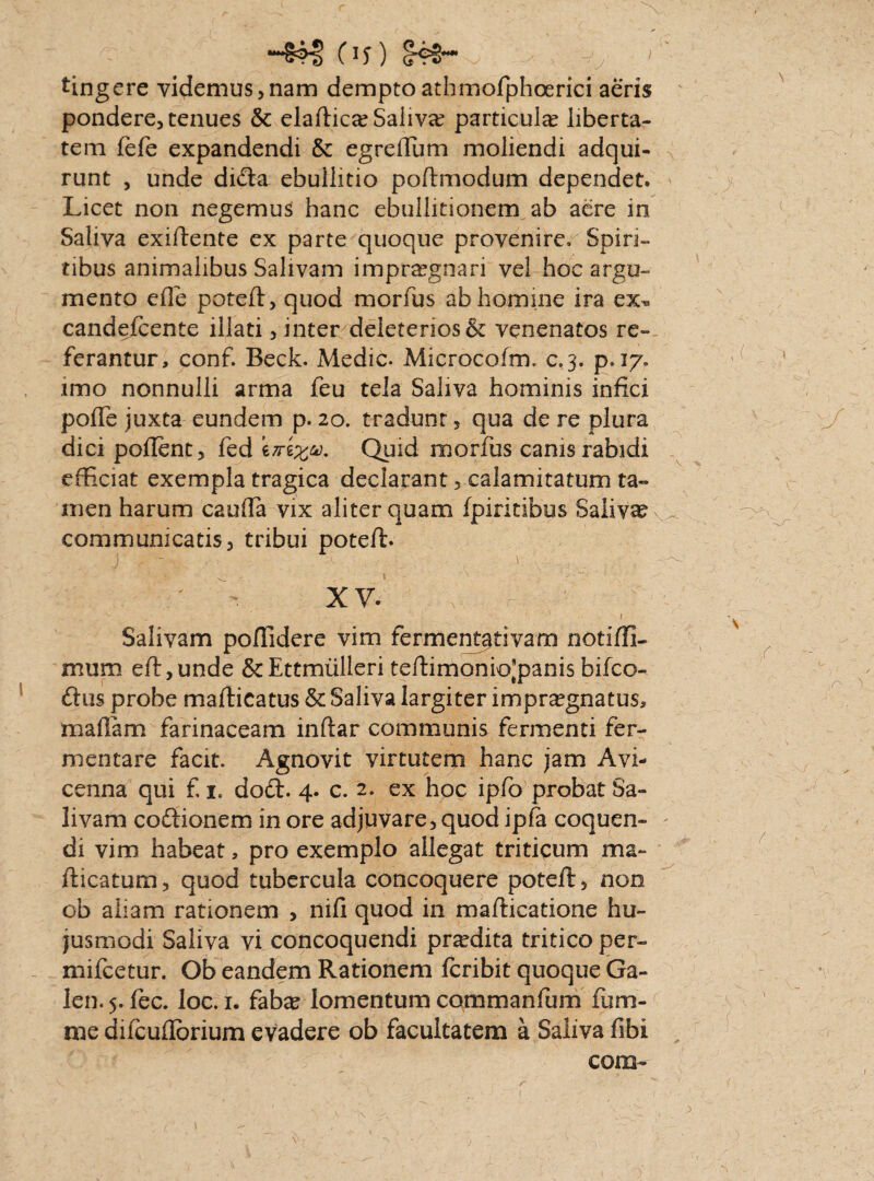 C1f) ) tingere videmus,nam demptoathmofphoerici aeris pondere, tenues & elaftic^ Saliva? particula liberta¬ tem fefe expandendi & egrdlum moliendi adqui- runt , unde di£la ebullitio poftmodum dependet. Licet non negemus hanc ebullitionem ab aere in Saliva exiftente ex parte quoque provenire. Spiri¬ tibus animalibus Salivam impraegnari vel hoc argu¬ mento efle poteft, quod morius ab homine ira ex* candefcente illati, inter deleterios& venenatos re¬ ferantur, conf. Beck. Medie. Microcofm. c.3. p. 17. imo nonnulli arma feu tela Saliva hominis infici pofte juxta eundem p. 20. tradunt, qua de re plura dici pollent, fed Quid morfus canis rabidi efficiat exempla tragica declarant, calamitatum ta¬ men harum cauda vix aliter quam fpiritibus Saliva v communicatis, tribui poteft. XV.' .. - ' 1 Salivam poflidere vim ferment^tivam notlffi- mum eft,unde &Ettmulleri teftimonio*panis bifeo- 6lus probe mafticatus & Saliva largiter impr^gnatus, maflam farinaceam inftar communis fermenti fer¬ mentare facit. Agnovit virtutem hanc jam Avi- cenna qui £ 1. doft. 4. c. 2. ex hoc ipfo probat Sa¬ livam co&ionem in ore adjuvare, quod ipfa coquen¬ di vim habeat, pro exemplo allegat triticum ma- fticatum, quod tubercula concoquere poteft, non ob aliam rationem , nifi quod in mafticatione hu¬ jusmodi Saliva vi concoquendi prodita tritico per- mifcetur. Ob eandem Rationem feribit quoque Ga- len. 5. fec. loc. i. fab# lomentum commanfum fum- me difcuflorium evadere ob facultatem a Saliva fibi com-