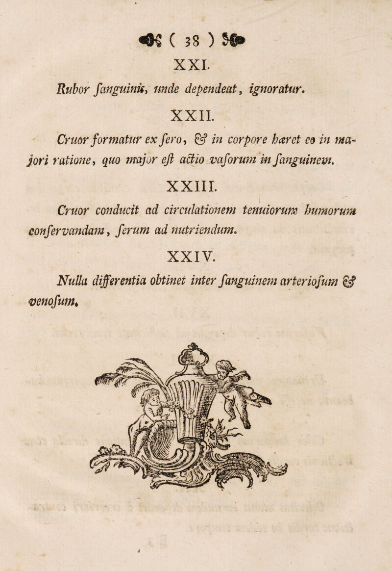 XXL Rubor fanguinii, unde dependeat, ignoratur, XXII. > Cruor formatur ex fero, & in corpore bceret eo in ma¬ jori ratione, quo major efi aciio vaforum in fanguinem. XXIII. Cruor conducit ad circulationem tenuiorum humorum confervundam, ferum ad nutriendum. XXIV. Nulla differentia obtinet inter fanguinem arteriofum & venofum,