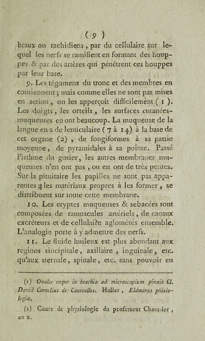 < ( 9 ) beaux on rachidiens , par du cellulaire sur le- quel les nerfs se ramifient en formant des houp¬ pes & par des artères qui pénétrent ces houppes par leur base. p. Les tégumens du tronc et des membres en contiennent ; mais comme elles ne sont pas mises en action , on les apperçoit difficilement ( 1 ). Les doigts , les orteils , les surfaces cutanées- muqueuses en ont beaucoup. La muqueuse de la langue en a de lenticulaire (7a 14) à la base de cet organe (2) , de fongiformes à sa partie moyenne, de pyramidales à sa pointe. Fasse l’isthme du gosier, les autres membranes mu¬ queuses n’en ont pas , ou en ont de très peines. Sur la pituitaire les papilles ne sont pas appa¬ rentes les matériaux propres à les former > se distribuent sur toute cette membrane. 1 o. Les cryptes muqueuses & sébacées sont composées de ramuscules artériels , de.canaux excréteurs et de cellulaifre aglomérés ensemble. L’analogie porte à y admettre des nerfs. 1 î. Le fluide huileux est plus abondant aux régions sincipitale, axillaire, inguinale, etc. qu’aux sternale, spinale, etc. sans pouvoir en (1) Ovales nuptr in brachio ad microscopium pinxit CL David Cornélius de Courcelles. Haller , Eldmenta phisic- logiœ. (1) Cours de physiologie du professeur Chausder , an x.