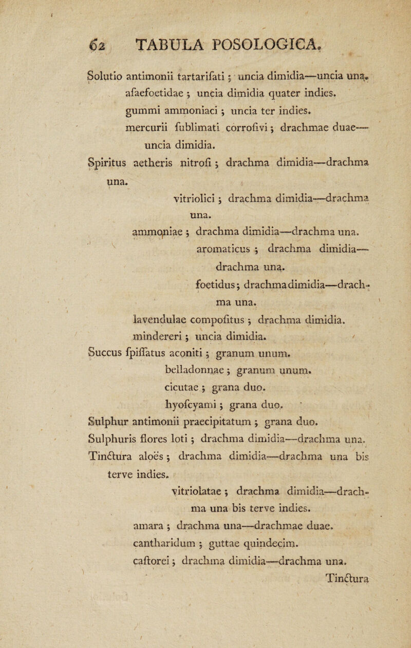 Solutio antimonii tartarifati - uncia dimidia—uncia una* i • 7 1 T * afaefoetidae *, uncia dimidia quater indies. gummi ammoniaci ; uncia ter indies. mercurii fublimati corroiivi; drachmae duae— uncia dimidia. Spiritus aetheris nitrofi; drachma dimidia—drachma una. vitriolici ; drachma dimidia—drachma una. ammojniae drachma dimidia—drachma una. aromaticus , drachma dimidia— drachma una. foetidus; drachma dimidia—drach¬ ma una. lavendulae compofitus drachma dimidia, mindereri; uncia dimidia. Succus fpiffatus aconiti; granum unum. belladonnae; granum unum, cicutae ; grana duo. hyofcyami; grana duo. Sulphur antimonii praecipitatum j grana duo. Sulphuris flores loti; drachma dimidia—drachma una. Tindtura aloes ; drachma dimidia.—drachma una bis terve indies. vitriolatae ; drachma dimidia'—drach» ma una bis terve indies. amara ; drachma una—drachmae duae, cantharidum guttae quindecim, caftorei j drachma dimidia—drachma una. Tindura