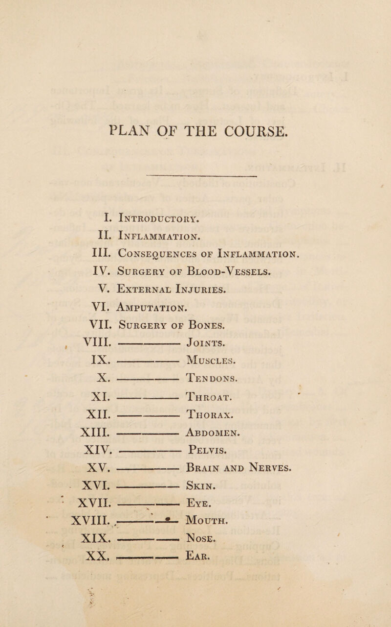 PLAN OF THE COURSE. I. II. III. IV. V. VI. VII. VIII. IX. X. XI. XII. XIII. XIV. XV. XVI. XVII. XVIII. XIX. XX. Introductory. Inflammation. Consequences of Inflammation. Surgery of Blood-Vessels. External Injuries. Amputation. Surgery of Bones. —-Joints. -—— Muscles. --Tendons. -—- Throat. -- Thorax. --Abdomen. -Pelvis. -Brain and Nerves. ---Skin. ---Eye. « -*_ Mouth. - Nose. . . ■■ —- Ear,