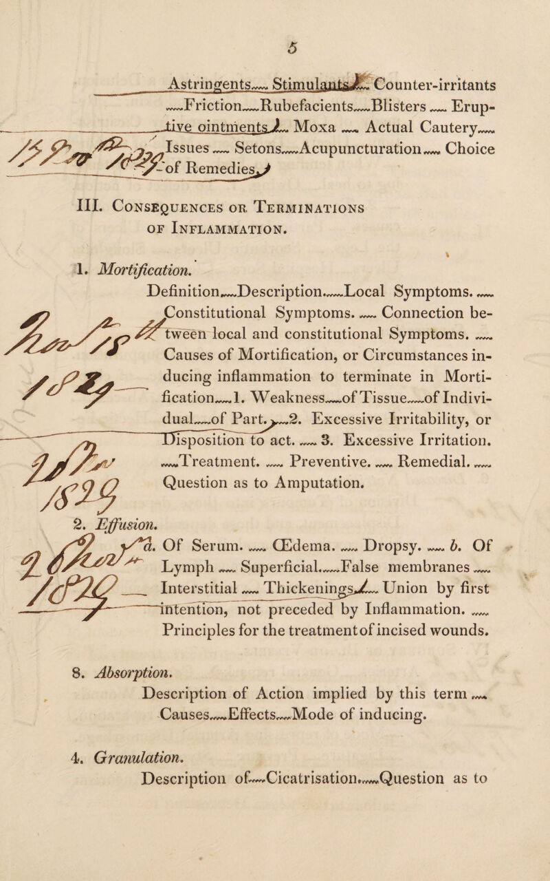 Astringents— Stirrml^ntsJL Counter-irritants —Friction—Rubefacients—Blisters Erup¬ tive ointmentsJL Moxa ^ Actual Cautery_ Issues — Setons—Acupuncturation^ Choice -'of Remedies^ III. Consequences or Terminations of Inflammation. 1. Mortification. Definition^vDescription—Local Symptoms. (Constitutional Symptoms._Connection be¬ tween local and constitutional Symptoms. ___ Causes of Mortification, or Circumstances in¬ ducing inflammation to terminate in Morti¬ fication_1. Weakness—of Tissue—of Indivi- dual^of Partes. Excessive Irritability, or isposition to act_3. Excessive Irritation. ..Treatment. —. Preventive. Remedial. Question as to Amputation. 2. Effusion. jffy y^a. Of Serum.__ (Edema. ^ Dropsy. — b. Of / Lymph ^ Superficial.—False membranes_ Interstitial_Thickenings>/L. Union by first intention, not preceded by Inflammation. _ Principles for the treatmentof incised wounds. 8. Absorption. Description of Action implied by this term Causes—Effects—Mode of inducing. 4. Granulation. Description ofi~~Cicatrisation.^Question as to