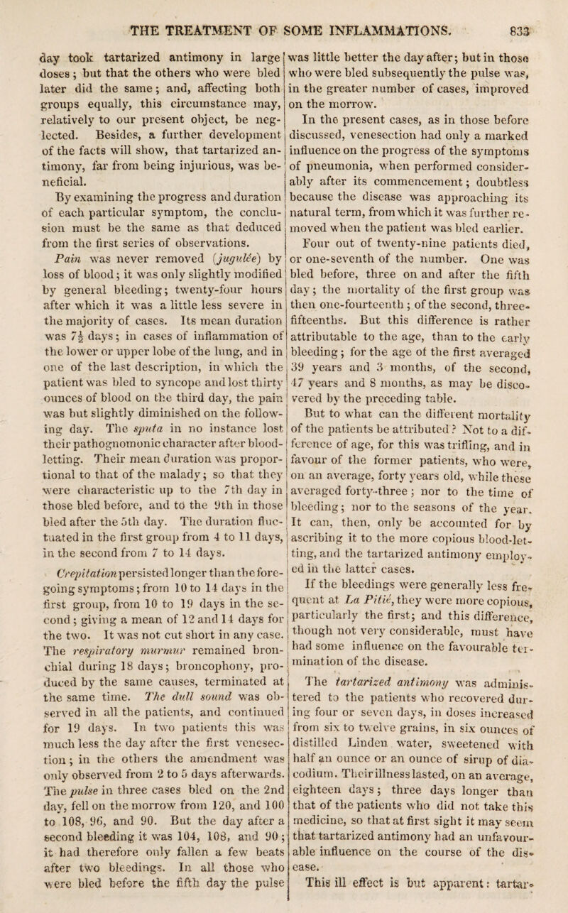 day took tartarized antimony in large doses ; bat that the others who were hied later did the same; and, affecting both groups equally, this circumstance may, relatively to our present object, be neg¬ lected. Besides, a further development of the facts will show, that tartarized an¬ timony, far from being injurious, was be¬ neficial. By examining the progress and duration of each particular symptom, the conclu¬ sion must he the same as that deduced from the first series of observations. Pam was never removed (,jugulee) by loss of blood; it was only slightly modified by general bleeding; twenty-four hours after which it was a little less severe in the majority of cases. Its mean duration was 7§ days; in cases of inflammation of the lower or upper lobe of the lung, and in one of the last description, in which the patient was bled to syncope and lost thirty ounces of blood on the third day, the pain was but slightly diminished on the follow¬ ing day. The sputa in no instance lost their pathognomonic character after blood¬ letting. Their mean duration was propor¬ tional to that of the malady; so that they were characteristic up to the 7th day in those bled before, and to the 9th in those bled after the 5tli day. The duration fluc¬ tuated in the first group from 4 to 11 days, in the second from 7 to 14 days. Crepitation persisted longer than the fore-! going symptoms; from 10 to 14 days in the j first group, from 10 to 19 days in the se- j cond; giving a mean of 12 and 14 days for j the two. It was not cut short in any case., The respiratory murmur remained bron¬ chial during 18 days; broncopliony, pro- j duced by the same causes, terminated at the same time. The dull sound was ob¬ served in all the patients, and continued for 19 days. In two patients this was much less the day after the first venesec¬ tion ; in the others the amendment was only observed from 2 to 5 days afterwards. The pulse in three cases bled on the 2nd day, fell on the morrow from 120, and 100 to 108, 9G, and 90. But the day after a second bleeding it was 104, 108, and 90; it had therefore only fallen a few beats after tw?o bleedings. In all those who were bled before the fifth day the pulse w7as little better the day after; but in those who were bled subsequently the pulse was, in the greater number of cases, improved on the morrow. In the present cases, as in those before discussed, venesection had only a marked influence on the progress of the symptoms of pneumonia, when performed consider¬ ably after its commencement; doubtless because the disease was approaching its natural term, from which it was further re¬ moved when the patient was bled earlier. Four out of twenty-nine patients died, or one-seventh of the number. One was bled before, three on and after the fifth day; the mortality of the first group was then one-fourteenth ; of the second, three- fifteenths. But this difference is rather attributable to the age, than to the early bleeding; for the age of the first averaged 39 years and 3 months, of the second, 47 years and 8 months, as may be disco¬ vered by the preceding table. But to what can the different mortality of the patients be attributed ? Not to a dif¬ ference of age, for this was trifling, and in favour of the former patients, who were, on an average, forty years old, w hile these averaged forty-three; nor to the time of bleeding; nor to the seasons of the year. It can, then, only he accounted for by ascribing it to the more copious blood-let¬ ting, and the tartarized antimony employ¬ ed in the latter cases. If the bleedings were generally less fre¬ quent at La Pitie, they were more copious, particularly the first; and this difference, though not very considerable, must have had some influence on the favourable ter¬ mination of the disease. i % m i ' f * The tartarized antimony was adminis¬ tered to the patients who recovered dur¬ ing four or seven days, in doses increased from six to twelve grains, in six ounces of distilled Linden water, sweetened with half an ounce or an ounce of sirup of dia- codium. Thei r illness lasted, on an average, eighteen days; three days longer than that of the patients who did not take this medicine, so that at first sight it may seem that tartarized antimony had an unfavour¬ able influence on the course of the dis¬ ease. This ill effect is but apparent: tartar*