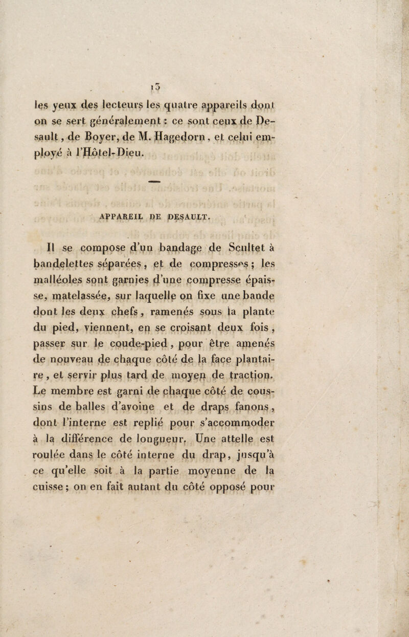 les yeux des lecteurs les quatre appareils dont on se sert généralement : ce sont ceux de De- sault, de Boyer, de M. Hagedorn, et celui em¬ ployé à l’Hôtel-Dieu. APPAREIL DE DESAULT. Il se compose d’un bandage de Scultet à bandelettes séparées, et de compresses ; les malléoles sont garnies d’une compresse épais¬ se, matelassée, sur laquelle on fixe une bande dont les deux chefs, ramenés sous la plante du pied, viennent, en se croisant deux fois , passer sur le coude-pied, pour être amenés de nouveau de chaque côté de la face plantai¬ re, et servir plus tard de moyen de traction. Le membre est garni de chaque côté de cous¬ sins de balles d’avoine et de draps fanons, dont l’interne est replié pour s’accommoder à la différence de longueur. Une attelle est roulée dans le côté interne du drap, jusqua ce qu’elle soit à la partie moyenne de la cuisse; on en fait autant du côté opposé pour