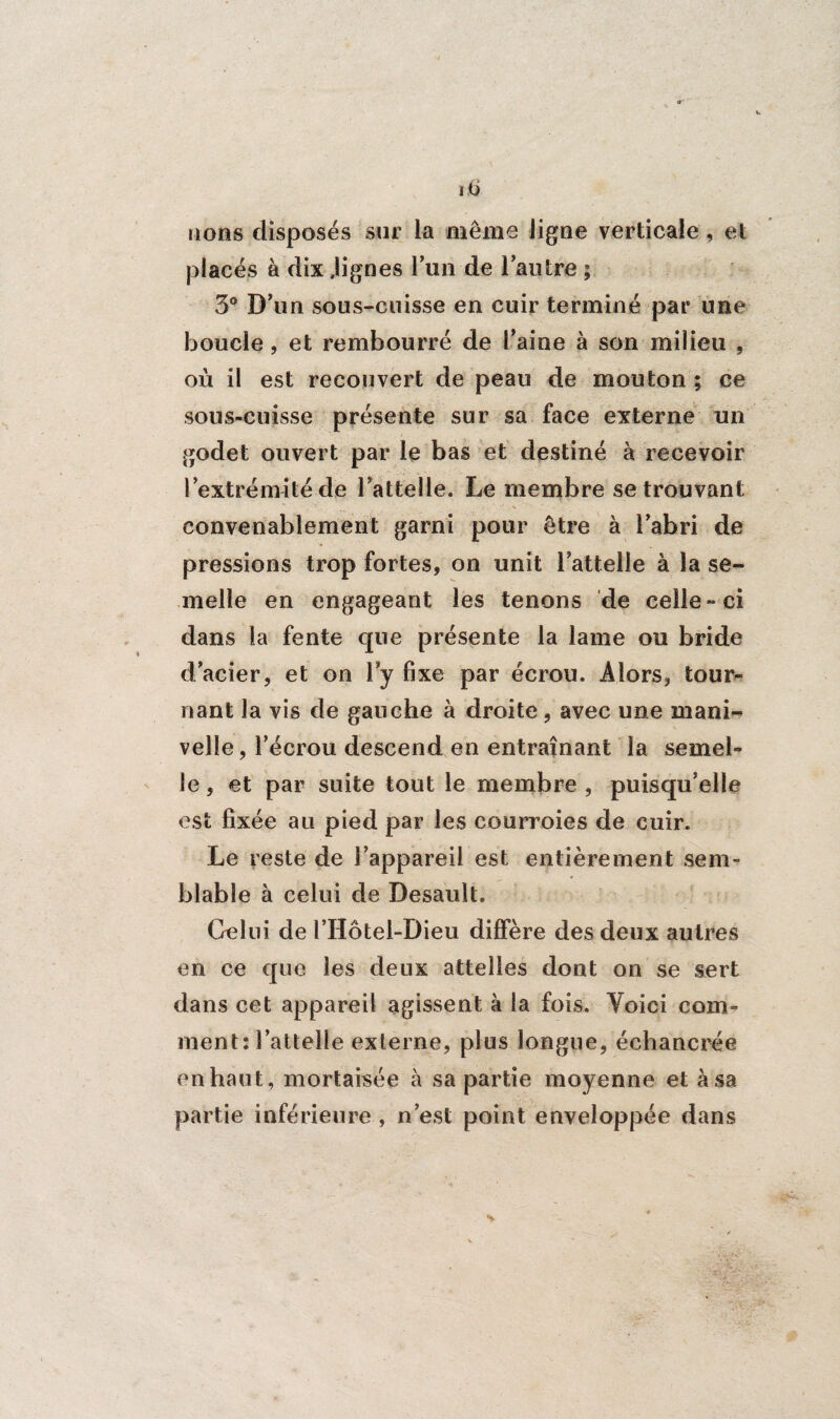 irons disposés sur la même ligne verticale , et placés à dix .lignes l’un de l’autre ; 3° D’un sous-cuisse en cuir terminé par une boucle, et rembourré de l’aine à son milieu , où il est recouvert de peau de mouton ; ce sous-cuisse présente sur sa face externe un godet ouvert par le bas et destiné à recevoir l’extrémité de l’attelle. Le membre se trouvant convenablement garni pour être à l’abri de pressions trop fortes, on unit l’attelle à la se¬ melle en engageant les tenons de celle-ci dans la fente que présente la lame ou bride d’acier, et on ly fixe par écrou. Alors, tour¬ nant la vis de gauche à droite, avec une mani¬ velle, l’écrou descend en entraînant la semel¬ le , et par suite tout le membre , puisqu’elle est fixée au pied par les courroies de cuir. Le reste de l’appareil est entièrement sem¬ blable à celui de Desault. Gelui de l’Hôtel-Dieu diffère des deux autres en ce que les deux attelles dont on se sert dans cet appareil agissent à la fois. Yoici com¬ ment: l’attelle externe, plus longue, échancrée en haut, mortaisée à sa partie moyenne et à sa partie inférieure , n’est point enveloppée dans