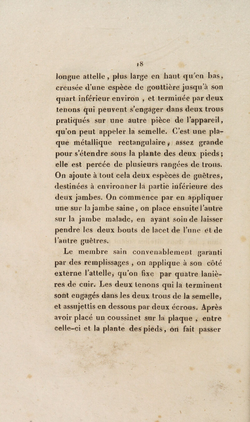 longue attelle, plus large en haut qu'en bas, creusée d’une espèce de gouttière jusqu a son quart inférieur environ , et terminée par deux tenons qui peuvent s’engager dans deux trous pratiqués sur une autre pièce de l’appareil, qu’on peut appeler la semelle. C’est une pla¬ que métallique rectangulaire, assez grande pour s’étendre sous la plante des deux pieds; elle est percée de plusieurs rangées de trous. On ajoute à tout cela deux espèces de guêtres, destinées à environner la partie inférieure des deux jambes. On commence par en appliquer une sur la jambe saine, on place ensuite l’autre sur la jambe malade, en ayant soin de laisser pendre les deux bouts de lacet de Tune et de l’autre guêtres. Le membre sain convenablement garanti par des remplissages , on applique à son côté externe l’attelle, qu’on fixe par quatre laniè¬ res de cuir. Les deux tenons qui la terminent sont engagés dans les deux trous de la semelle, et assujettis en dessous par deux écrous. Après avoir placé un coussinet sur la plaque , entre celle-ci et la plante des pieds, on fait passer