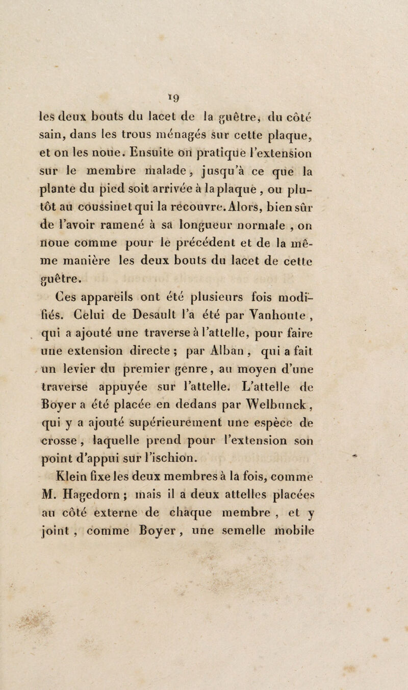 *9 les deux bouts du lacet de la guêtre, du côté sain, dans les trous ménagés sur cette plaque, et on les noue. Ensuite on pratique l’extension sur le membre malade, jusqu’à ce que la plante du pied soit arrivée à la plaque , ou plu¬ tôt au coussinet qui la recouvre. Alors, bien sûr de l’avoir ramené à sa longueur normale , on noue comme pour le précédent et de la mê¬ me manière les deux bouts du lacet de cette guêtre. Ces appareils ont été plusieurs fois modi¬ fiés. Celui de Desault l’a été par Yanhoute , qui a ajouté une traverse à l’attelle, pour faire une extension directe ; par Alban , qui a fait un levier du premier genre, au moyen d’une traverse appuyée sur l’attelle. L’attelle de Boyer a été placée en dedans par Welbunck, qui y a ajouté supérieurement une espèce de crosse , laquelle prend pour l’extension son point d’appui sur l’ischion. Klein fixe les deux membres à la fois, comme M. Hagedorn ; mais il a deux attelles placées au côté externe de chaque membre , et y joint , comme Boyer, une semelle mobile