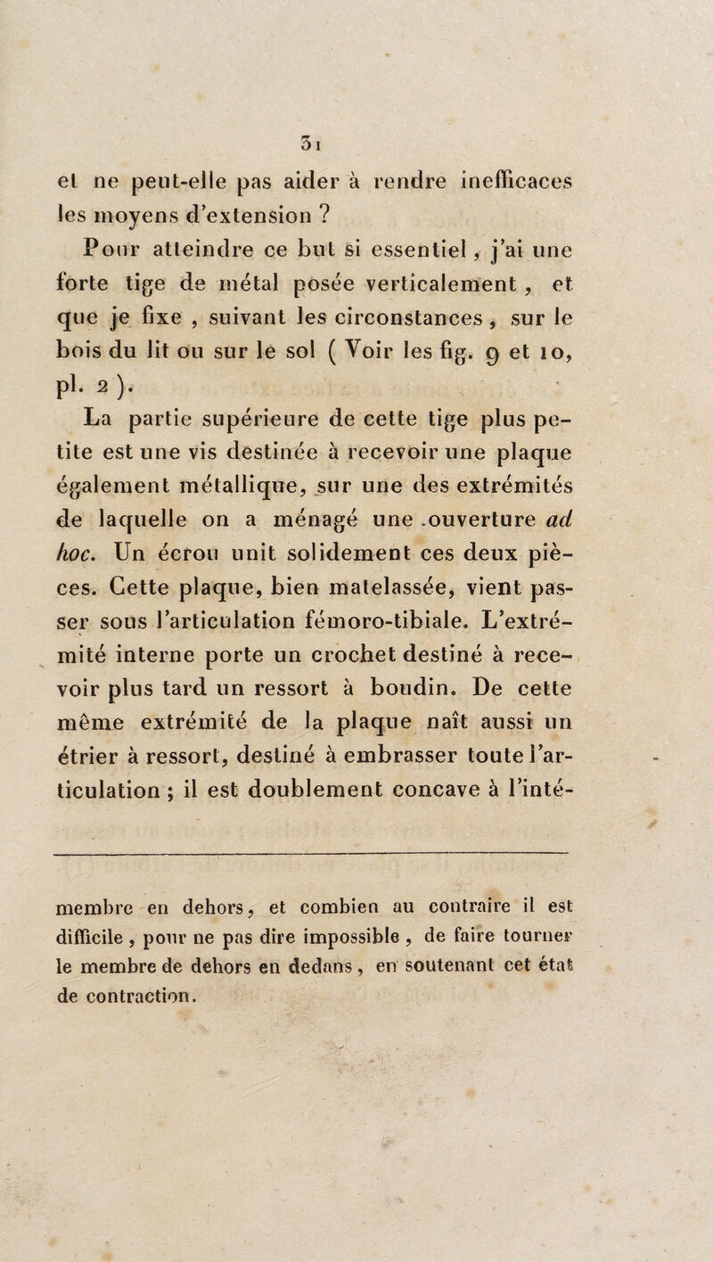 el ne peut-elle pas aider à rendre inefficaces les moyens d’extension ? Pour atteindre ce but si essentiel, j’ai une forte tige de métal posée verticalement, et que je fixe , suivant les circonstances , sur le bois du lit ou sur le sol ( Voir les fig. 9 et 10, pl. 2 ). La partie supérieure de cette tige plus pe¬ tite estune vis destinée à recevoir une plaque également métallique, sur une des extrémités de laquelle on a ménagé une .ouverture ad hoc. Un écrou unit solidement ces deux piè¬ ces. Cette plaque, bien matelassée, vient pas¬ ser sous l’articulation fémoro-tibiale. L’extré¬ mité interne porte un crochet destiné à rece¬ voir plus tard un ressort à boudin. De cette meme extrémité de la plaque naît aussi un étrier à ressort, destiné à embrasser toute l’ar¬ ticulation ; il est doublement concave à l’inte¬ rne mbre en dehors, et combien au contraire il est difficile , pour ne pas dire impossible , de faire tourner le membre de dehors en dedans, en soutenant cet état de contraction. t