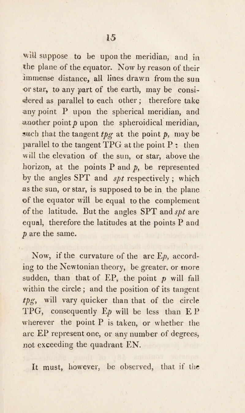 v>iU suppose to be upon the meridian, and in the plane of the equator. Now by reason of their immense distance, all lines drawn from the sun or star, to any part of the earth, may be consi¬ dered as parallel to each other ; therefore take any point P upon the spherical meridian, and another pointy upon the spheroidical meridian, sssch that the tangent tpg at the point p, may be parallel to the tangent TPG at the point P : then will the elevation of the sun, or star, above the horizon, at the points P and jfr, be represented by the angles SPT and spt respectively ; which as the sun, or star, is supposed to be in the plane of the equator will be equal to the complement of the latitude. But the angles SPT and spt are equal, therefore the latitudes at the points P and p are the same. Now, if the curvature of the arc Ep, accord¬ ing to the Newtonian theory, be greater, or more sudden, than that of EP, the point p will fall within the circle; and the position of its tangent tpg, will vary quicker than that of the circle TPG, consequently Ep will be less than E P wherever the point P is taken, or whether the arc EP represent one, or any number of degrees, not exceeding the quadrant EN. It must, however, he observed, that if the