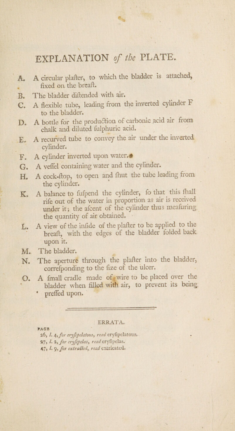 EXPLANATION of the PLATE. A. A circular plafter, to which the bladder is attached, , fixed oil the bread. B. The bladder diftended with air. C. A flexible tube, leading from the inverted cylinder F to the bladder. D A bottle for the production of carbonic acid air from chalk and diluted fulphuric acid. E. A recurved tube to convey the air under the inverted cylinder. F. A cylinder inverted upon water.# G. A veflel containing water and the cylinder. H. A cock-flop, to open and {hut the tube leading from the cylinder. K, A balance to fufpend the cylinder, fo that this ihall rife out of the water in proportion as air is received under it; the afeent of the cylinder thus meafuring the quantity of air obtained. £,» A view of the infide of the plafter to be applied to the breaft, with the edges of the bladder folded back upon it. M. The bladder. N. The aperture through the plafter into the bladder, correfponding to the fize of the ulcer. O. A fmall cradle made of * wire to be placed over the bladder when filled with air, to prevent its being * prefled upon. ERRATA. JAG 2 26, /. A,, for eryfepelaious, read eryfipelatOUS. 27) /• 2, for eryfepelas, read eryfipelas. 47) ^ 9■, for extracted, read extricated. 1