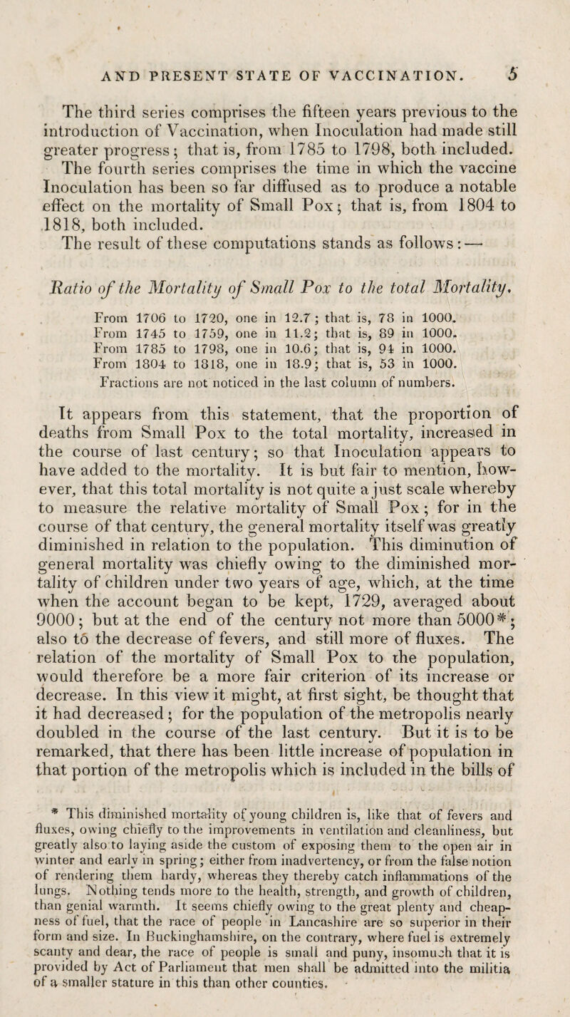 The third series comprises the fifteen years previous to the introduction of Vaccination, when Inoculation had made still greater progress; that is, from 1785 to 1798, both included. The fourth series comprises the time in which the vaccine Inoculation has been so far diffused as to produce a notable effect on the mortality of Small Pox; that is, from 1804 to 1818, both included. The result of these computations stands as follows:—• Ratio of the Mortality of Small Pox to the total Mortality, From 1706 to 1720, one in 12.7 ; that is, 78 in 1000. From 1745 to 1759, one in 11.2; that is, 89 in 1000. From 1785 to 1798, one in 10.6; that is, 94 in 1000. From 1804 to 1818, one in 18.9; that is, 53 in 1000. Fractions are not noticed in the last column of numbers. It appears from this statement, that the proportion of deaths from Small Pox to the total mortality, increased in the course of last century; so that Inoculation appears to have added to the mortality. It is but fair to mention, how¬ ever, that this total mortality is not quite a just scale whereby to measure the relative mortality of Small Pox; for in the course of that century, the general mortality itself was greatiy diminished in relation to the population. This diminution of general mortality was chiefly owing to the diminished mor¬ tality of children under two years of age, which, at the time when the account began to be kept, 1729, averaged about 9000; but at the end of the century not more than 5000 also to the decrease of fevers, and still more of fluxes. The relation of the mortality of Small Pox to the population, would therefore be a more fair criterion of its increase or decrease. In this view it might, at first sight, be thought that it had decreased ; for the population of the metropolis nearly doubled in the course of the last century. But it is to be remarked, that there lias been little increase of population in that portion of the metropolis which is included in the bills of . . / . i , . .*• - U..;w C • * This diminished mortality of young children is, like that of fevers and fluxes, owing chiefly to the improvements in ventilation and cleanliness, but greatly also to laying aside the custom of exposing them to the open air in winter and early in spring; either from inadvertency, or from the false notion of rendering them hardy, whereas they thereby catch inflammations of the lungs. Nothing tends more to the health, strength, and growth of children, than genial warmth. It seems chiefly owing to the great plenty and cheap¬ ness ol fuel, that the race of people in Lancashire are so superior in their form and size. In Buckinghamshire, on the contrary, where fuel is extremely scanty and dear, the race of people is small and puny, insomuch that it is provided by Act of Parliament that men shall be admitted into the militia of a smaller stature in this than other counties.