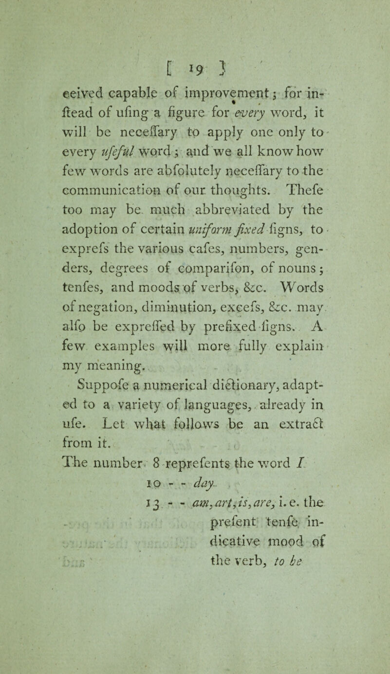 1 [ 19 3 ' eeived capable of improvement; for in- Lead of ufing a figure for every word, it will be neceifary to apply one only to' every ufieful w'ord; and we all knowhow few words are abfolutely neceffary to the communication of our thoughts. Thefe too may be. much abbreviated by the adoption of certain uniform fixed \igns, to exprefs the various cafes, numbers, gen¬ ders, degrees of comparifon, of nouns; tenfes, and moods of verbs, &x. Words of negation, diminution, excefs, 8zc. may alfo be expreffed by prefixed ligns. A few examples will more fully explain my meaning. Suppofe a numerical dictionary, adapt¬ ed to a variety of languages, already in ufe. Let what follows be an extract from it. The number 8 reprefents the word I io - - day. 13 - - amyartfiS) are, i. e. the prefent tenfe. in¬ dicative mood of the verb, to be