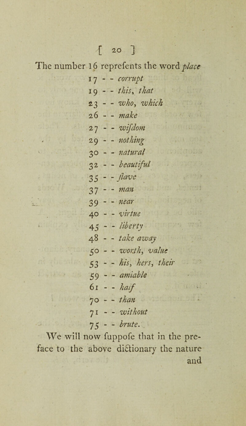 The number 16 reprefents the word place 17 - - corrupt 19 - - this, that 23 - - who, which 26 - - make 27 — wifdom 29 - - nothing 30 - - natural 32 - - beautiful 35 - - 37 - - Wtf/Z 39 - - 40 - - virtue 1 45 ■ • liberty 48 - 5°  - worth, value 53 - - //£?, /iot, z/^/r 59 - - amiable 61 - - half 70 - - than 71 - - without 75 - - We will now fuppofe that in the pre¬ face to the above dictionary the nature and