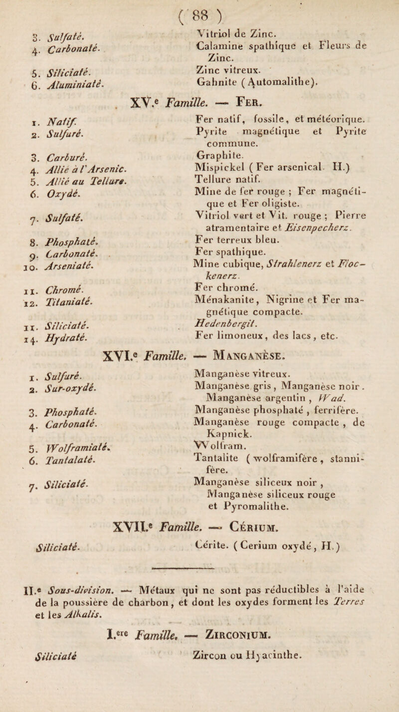 4. Carbonate. ( 88 ) Vitriol de Zinc. Calamine spathique et Fleurs de Zinc. 5. Siliciate. Zinc vitreux. 6. Aluminiate. Gahnite ( Automalithe). XY.e Famille. — Fer. 1. Nat if. 2. Sulfur6. 3. Carbure. 4. Allie a 1'Arsenic. 5. AUie au Teliure. 6. Ox/de. 7. Sulfate. 8. Phosphate. 9. Carbonate. 10. Arseniate. 11. Chrome. 12. Titaniate. 11. Siliciate. 14. Hydrate. XVI.e Famille. 1. Sulfure. 2. Sur-oxyde. 3. Phosphate. 4. Carbonate. 5. Wolframiate. 6. Tantalate. 7. Siliciate. Fer nalif, fossile, et me'teoriqne. Pyrite magnetique et Pyrite commune. Graphite. Mispickel ( Fer arsenical H.) Teliure natif. Mine de fer rouge ; Fer magne'ti- que et Fer oligiste. Vitriol vert et V it. rouge; Pierre atramentaire e* Eiscnpecherz. Fer terreux bleu. Fer spathique. Mine cubique, Strahlenerz et Floc- kenerz. Fer chrome. Me'nakanite, Nigrine et Fer ma- gnetique compacte. Hedenbergit. Fer liinoneux, des lacs, etc. — Manganese. Manganese vitreux. Manganese gris , Manganese noir. Manganese argentin , Wad. Manganese phosphate , ferrifere. Manganese rouge compacte , de Kapnick. W olfram. Tantaiite ( wolframifere , stanni- fere. Manganese siliceux noir , Manganese siliceux rouge et Pyromalithe. XVIl.e Famille. — Cerium. Siliciate- Ce'rite. (Cerium oxyde, H.) II.e Sous-division. — Me'taux qui nc sont pas reductibles a l’aide de la poussiere de charbon, et dont les oxydes forment ies Terres et les Alkalis. I.ere Famille. — Zirconium. Zircon ou lijacinthe. Siliciate
