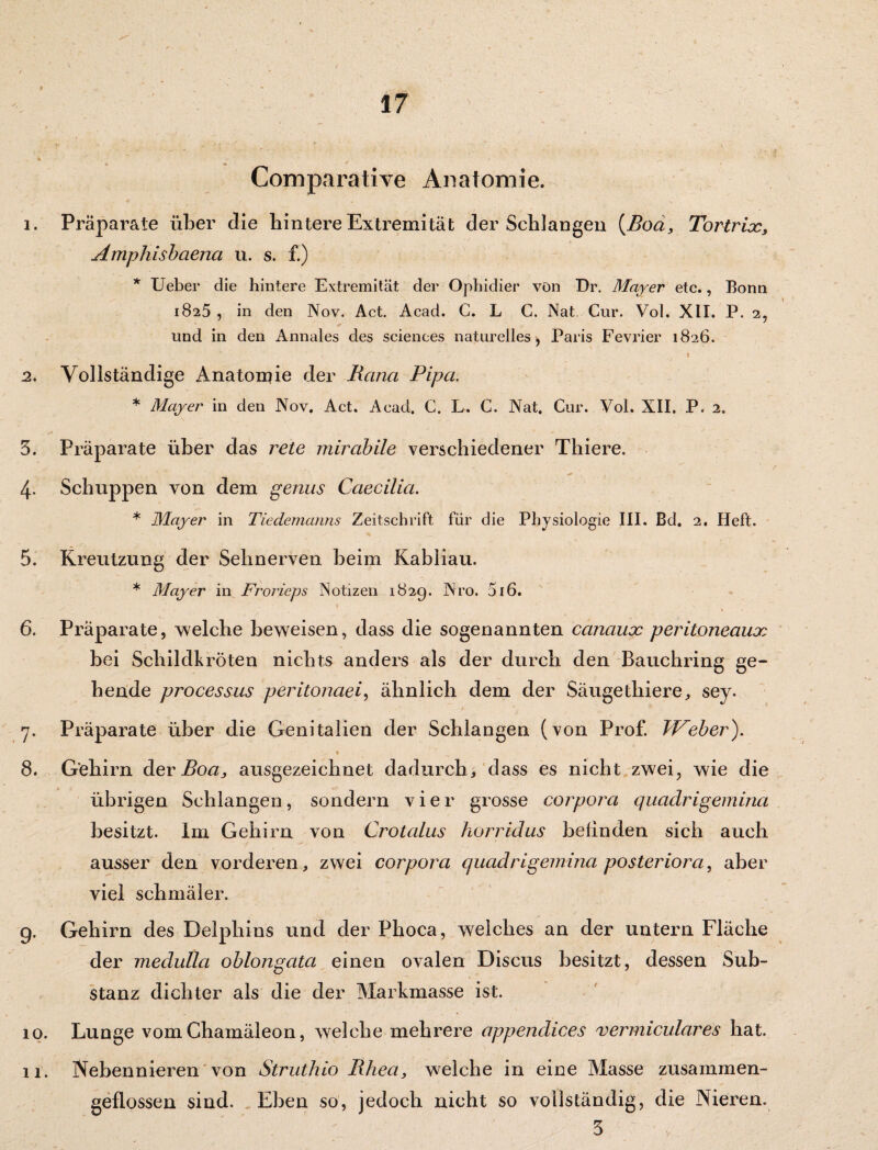 » % Comparative Anatomie. 1. Präparate über die hintere Extremität der Schlangen (Boa, Tortrix, Amphisbaena u. s. f.) * Ueber die hintere Extremität der Ophidier von Di\ Mayer etc., Bonn 1825 , in den Nov. Act. Acad. C. L G. Nat. Cur. Vol. XII. P. 2, und in den Annales des Sciences naturelles, Paris Fevrier 1826. - % * 1 2. Vollständige Ana tont ie der Rana Pipa. * Mayer in den Nov. Act. Aeacl. C. L. C. Nat. Cur. Vol. XII. P. 2. 5. Präparate über das rete mirabile verschiedener Thiere. 4. Schuppen von dem genus Caecilia. * Mayer in Tiedemanns Zeitschrift für die Physiologie III. Bd. 2. Heft. 5. Kreutzung der Sehnerven heim Kabliau. * Mayer in Frorieps Notizen 1829. Nro. 516. 6. Präparate, welche beweisen, dass die sogenannten ccinaux peritoneciux hei Schildkröten nichts anders als der durch den Bauchring ge¬ hende processus peritonaei, ähnlich dem der Säugethiere, sey. 7. Präparate über die Genitalien der Schlangen (von Prof. bPeber). * ■ 8. Gehirn devRoUj ausgezeichnet dadurch, dass es nicht zwei, wie die übrigen Schlangen, sondern vier grosse corpora quadrigemina besitzt. Im Gehirn von Crotalus korridus befinden sich auch ausser den vorderen, zwei corpora quadrigemina posteriora, aber viel schmäler. 9. Gehirn des Delphins und der Phoca, weiches an der untern Fläche der medulla oblongata einen ovalen Discus besitzt, dessen Sub¬ stanz dichter als die der Markmasse ist. 10. Lunge vom Chamäleon, welche mehrere appendices vermiculares hat. 11. Nebennieren von Struth io Rhea, welche in eine Masse zusammen¬ geflossen sind. Eben so, jedoch nicht so vollständig, die Nieren. 3