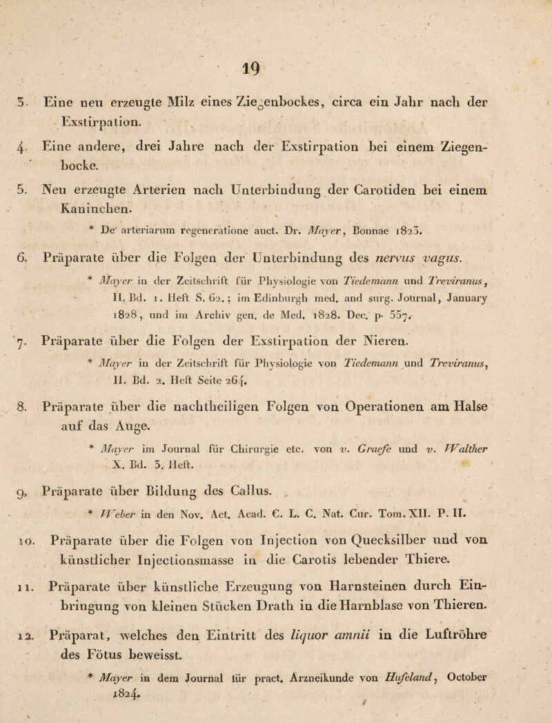 / 19 » . \ . ' \ - t i ' * ^ 5. Eine neu erzeugte Milz eines Ziegenbockes, circa ein Jahr nach der Exstirpation. 4^ Eine andere, drei Jahre nach der Exstirpation bei einem Ziegen¬ bocke. 5. Neu erzeugte Arterien nach Unterbindung der Carotiden bei einem Kaninchen. * De“ arteriarum rcgeneratione auct. Dr. Mayer, Bonnae 182a. 6. Präparate über die Folgen der Unterbindung des nervus vagus. * Mayer in der Zeitschrift für Physiologie von Tiedemann und Treviranus, II. Bd. 1. Heft 8.62.; im Edinburgh med. and surg. Journal, January 1828, und im Archiv gen. de Med, 1828. Dec. p- 667, 7. Präparate über die Folgen der Exstirpation der Nieren. * Mayer in der Zeitschrift für Physiologie von Tiedemann und Treviranus, II. Bd. 2. Heft Seite 264. - \ t » < , ; x• 8. Präparate über die nachtheiligen Folgen von Operationen am Halse auf das Auge. * Mayer im Journal für Chirurgie etc. von v, Graefe und v. TValther X. Bd. 5. lieft. 9. Präparate über Bildung des Gallus. „ * TVeber in den Nov. Act. Acad. C. L. C. Nat. Cur. Tom. XII. P. II. „ \ s * , ^ 10. Präparate über die Folgen von Injection von Quecksilber und von künstlicher Injectionsmasse in die Carotis lebender Thiere. 11. Präparate über künstliche Erzeugung von Harnsteinen durch Ein¬ bringung von kleinen Stücken Drath in die Harnblase von Thieren. • * * ' 12. Präparat, welches den Eintritt des liquor amnii in die Luftröhre des Fötus beweisst V • - / ' ■ • s , * Mayer in dem Journal lür pract. Ärzneikunde von Hufeland ^ October 1824.