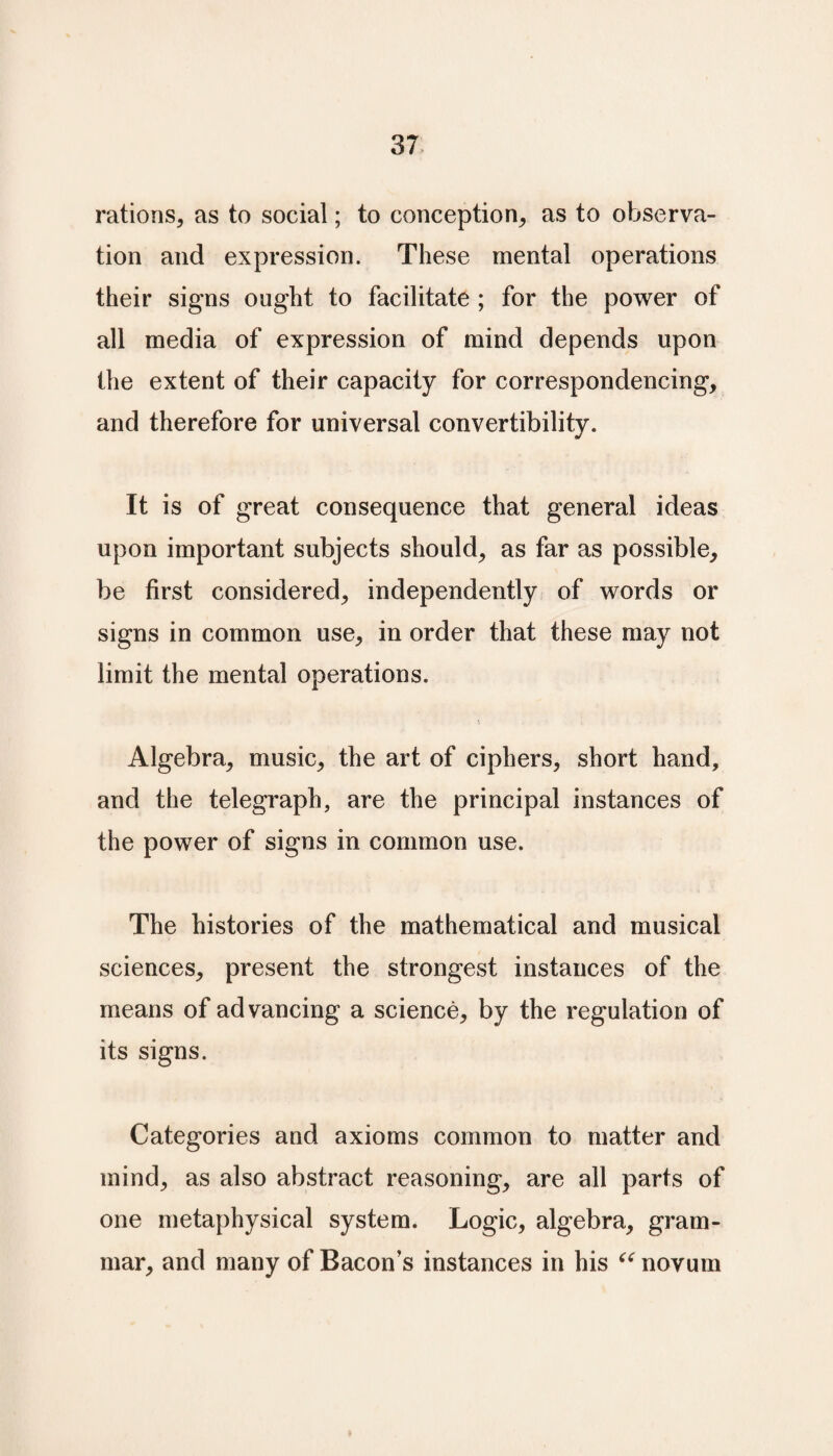 rations, as to social; to conception, as to observa¬ tion and expression. These mental operations their signs ought to facilitate ; for the power of all media of expression of mind depends upon the extent of their capacity for correspondencing, and therefore for universal convertibility. It is of great consequence that general ideas upon important subjects should, as far as possible, be first considered, independently of words or signs in common use, in order that these may not limit the mental operations. Algebra, music, the art of ciphers, short hand, and the telegraph, are the principal instances of the power of signs in common use. The histories of the mathematical and musical sciences, present the strongest instances of the means of advancing a science, by the regulation of its signs. Categories and axioms common to matter and mind, as also abstract reasoning, are all parts of one metaphysical system. Logic, algebra, gram¬ mar, and many of Bacon’s instances in his “ novum