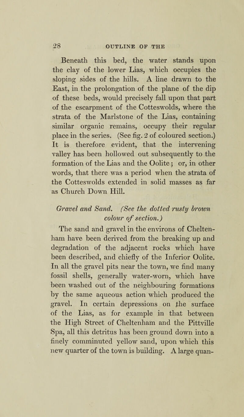 Beneath this bed, the water stands upon the clay of the lower Lias, which occupies the sloping sides of the hills. A line drawn to the East, in the prolongation of the plane of the dip of these beds, would precisely fall upon that part of the escarpment of the Cotteswolds, where the strata of the Marlstone of the Lias, containing similar organic remains, occupy their regular place in the series. (See fig. 2 of coloured section.) It is therefore evident, that the intervening valley has been hollowed out subsequently to the formation of the Lias and the Oolite; or, in other words, that there was a period when the strata of the Cotteswolds extended in solid masses as far as Church Down Hill. Gravel and Sand. (See the dotted rusty brown colour of section.) The sand and gravel in the environs of Chelten¬ ham have been derived from the breaking up and degradation of the adjacent rocks which have been described, and chiefly of the Inferior Oolite. In all the gravel pits near the town, we find many fossil shells, generally water-worn, which have been washed out of the neighbouring formations by the same aqueous action which produced the gravel. In certain depressions on the surface of the Lias, as for example in that between the High Street of Cheltenham and the Pittville Spa, all this detritus has been ground down into a finely comminuted yellow sand, upon which this new quarter of the town is building. A large quan-