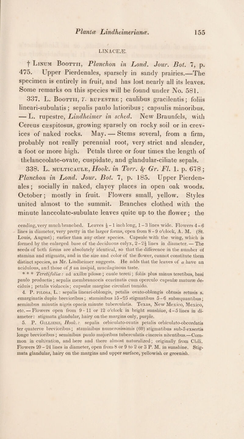 LINACEiE. f Linum Boottii, Planchon in Pond. Jour. Bot. 7, p. 475. Upper Pierdenales, sparsely in sandy prairies.—The specimen is entirely in fruit, and has lost nearly all its leaves. Some remarks on this species will be found under No. 581. 337. L. Boottii, 7. rupestre; caulibus gracilentis; foliis lineari-subulatis ; sepalis paulo latioribus ; capsulis minoribus. — L. rupestre, Lindheimer in sched. New Braunfels, with Cereus caespitosus, growing sparsely on rocky soil or in crev¬ ices of naked rocks. May. — Stems several, from a firm, probably not really perennial root, very strict and slender, a foot or more high. Petals three or four times the length of thelanceolate-ovate, cuspidate, and glandular-ciliate sepals. 338. L. multicaule, Hook, in Torr. fy Gr. FI. 1. p. 678; Planchon in Bond. Jour. Bot. 7, p. 185. Upper Pierden¬ ales ; socially in naked, clayey places in open oak woods. October; mostly in fruit. Flowers small, yellow. Styles united almost to the summit. Branches clothed with the minute lanceolate-subulate leaves quite up to the flower; the cending, very much branched. Leaves | - 1 inch long, 1-3 lines wide. Flowers 4-6 lines in diameter, very pretty in the larger forms, open from 8-9 o’clock, A. M. (St. Louis, August); earlier than any other species. Capsule with the wing, which is formed by the enlarged base of the deciduous calyx, 2-2g lines in diameter. — The seeds of both forms are absolutely identical, so that the difference in the number of stamina and stigmata, and in the size and color of the flower, cannot constitute them distinct species, as Mr. Lindheimer suggests. He adds that the leaves of « have an acidulous, and those of /9 an insipid, mucilaginous taste. * * * Teretifolice: ad axillae pilosas; caule tereti; foliis plus minus teretibus, basi paulo productis ; sepalis membranaceis ecarinatis cum operculo capsulae maturae de- ciduis ; petalis violaceis; capsulae margine eirculari tumido. 4. P. pjlosa. L.: sepalis lineari-oblongis, petalis ovato-oblongis obtusis retusis s. emarginalis duplo brevioribus ; staminibus 15-25 stigmatibus 5-6 subsequantibus; seminibus minutis nigris opacis minute tuberculatis. Texas, New Mexico, Mexico, etc. — Flowers open from 9-11 or 12 o'clock in bright sunshine, 4-5 lines in di¬ ameter : stigmata glandular, hairy on the margins only, purple. 5. P. Gilliesii, Hook.: sepalis orbiculato-ovatis petalis orbiculato-obcordatis ter quaterve brevioribus; staminibus numerosissimis (60) stigmatibus sub-5exsertis longe brevioribus ; seminibus paulo majoribus tuberculatis cinereis nitentibus.—Com¬ mon in cultivation, and here and there almost naturalized; originally from Chili. Flowers 20 - 24 lines in diameter, open from 8 or 9 to 2 or 3 P. M. in sunshine. Stig¬ mata glandular, hairy on the margins and upper surface, yellowish or greenish.