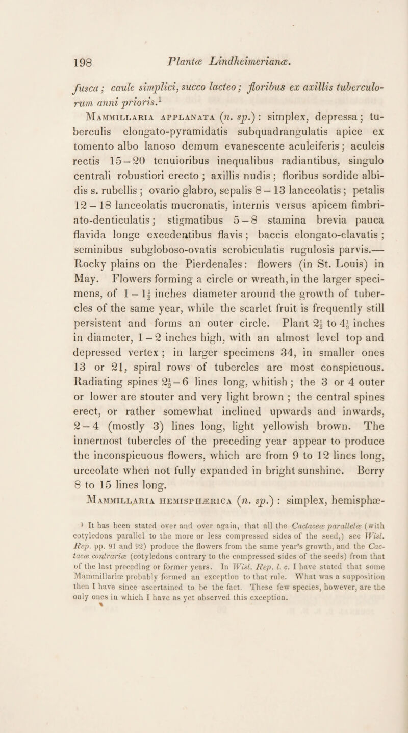 fusca; caule simplici, succo lacteo; floribus ex axillis tuberculo- rum anni prioris.1 Mammillaria applanata (n. sp.) : simplex, depressa; tu- berculis elongato-pyramidatis subquadrangulatis apice ex tomento albo lanoso demum evanescente aculeiferis ; aculeis rectis 15-20 tenuioribus inequalibus radiantibus, singulo centrali robustiori erecto ; axillis nudis; floribus sordide albi- dis s. rubellis ; ovario glabro, sepalis 8 - 13 lanceolatis ; petalis 12-18 lanceolatis mucronatis, internis versus apicem fimbri- ato-denticulatis; stigmatibus 5-8 stamina brevia pauca flavida longe excedentibus flavis ; baccis elongato-clavatis ; seminibus subgloboso-ovatis scrobiculatis rugulosis parvis.— R,ocky plains on the Pierdenales: flowers (in St. Louis) in May. Flowers forming a circle or wreath, in the larger speci¬ mens, of 1 - 1| inches diameter around the growth of tuber¬ cles of the same year, while the scarlet fruit is frequently still persistent and forms an outer circle. Plant 2| to 4\ inches in diameter, 1 - 2 inches high, with an almost level top and depressed vertex ; in larger specimens 34, in smaller ones 13 or 21, spiral rows of tubercles are most conspicuous. Radiating spines 2^-6 lines long, whitish ; the 3 or 4 outer or lower are stouter and very light brown ; the central spines erect, or rather somewhat inclined upwards and inwards, 2-4 (mostly 3) lines long, light yellowish brown. The innermost tubercles of the preceding year appear to produce the inconspicuous flowers, which are from 9 to 12 lines long, urceolate wheri not fully expanded in bright sunshine. Berry 8 to 15 lines long. Mammillaria hemispheric a (pi. sp.) : simplex, hemisphae- 1 It has been stated over and over again, that all the Cadacece parallelce (with cotyledons parallel to the more or less compressed sides of the seed,) see Wisl. Rep. pp. 91 and 92) produce the flowers from the same year’s growth, and the Cac- tacce conlrariae (cotyledons contrary to the compressed sides of the seeds) from that of the last preceding or former years. In Wisl. Rep. 1. c. I have stated that some Mammillarise probably formed an exception to that rule. What was a supposition then 1 have since ascertained to be the fact. These few species, however, are the only ones in which 1 have as yet observed this exception.