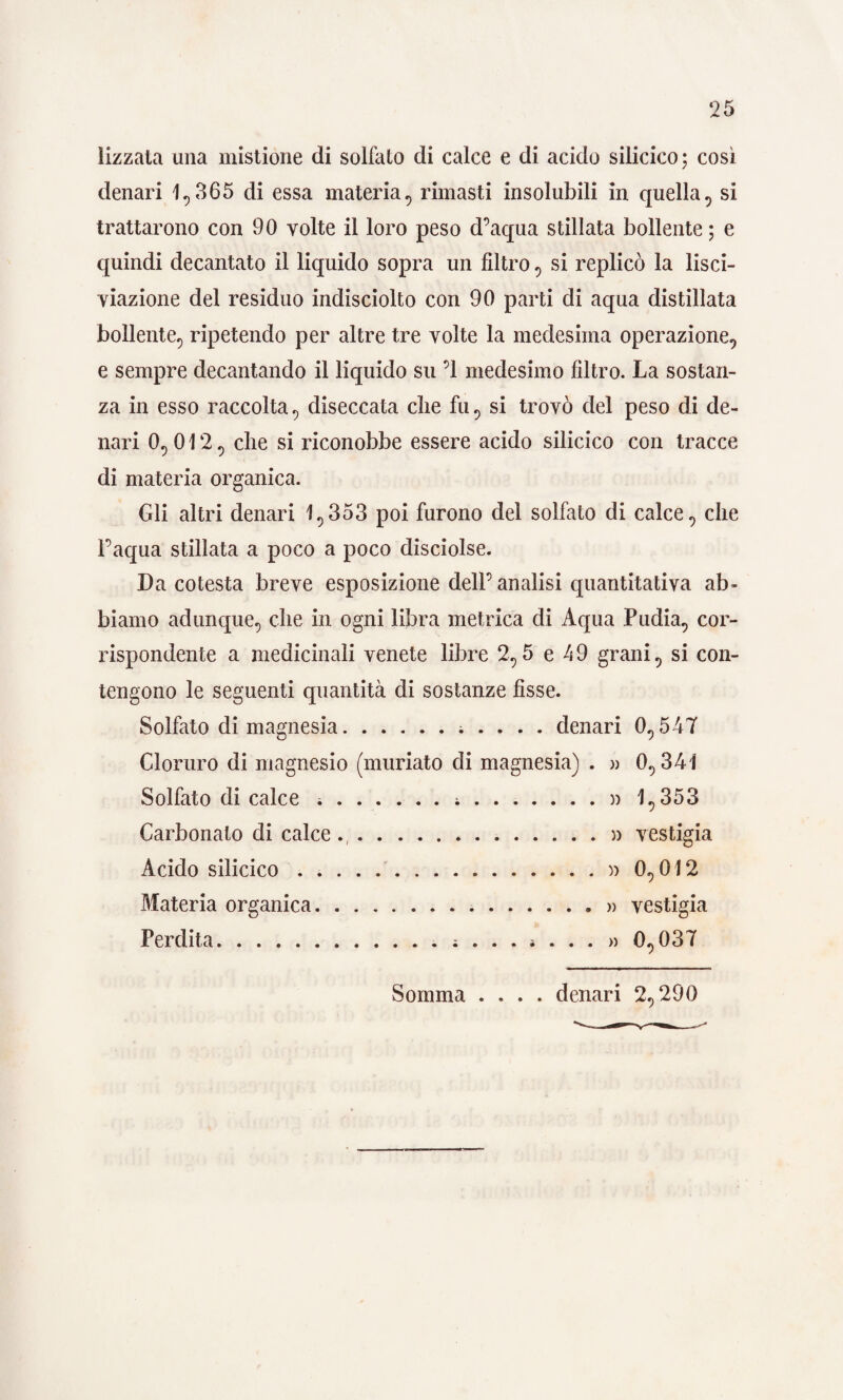 lizzata una mistione di solfato di calce e di acido silicico; così denari 1,365 di essa materia, rimasti insolubili in quella, si trattarono con 90 volte il loro peso d’aqua stillata bollente ; e quindi decantato il liquido sopra un filtro, si replicò la lisci¬ viazione del residuo indisciolto con 90 parti di aqua distillata bollente, ripetendo per altre tre volte la medesima operazione, e sempre decantando il liquido su ’l medesimo filtro. La sostan¬ za in esso raccolta, diseccata die fu, si trovò del peso di de¬ nari 0,012, che si riconobbe essere acido silicico con tracce di materia organica. Gli altri denari 1,353 poi furono del solfato di calce, che l’aqua stillata a poco a poco disciolse. Da cotesta breve esposizione dell’ analisi quantitativa ab¬ biamo adunque, che in ogni libra metrica di Aqua Pudia, cor¬ rispondente a medicinali venete libre 2,5 e 49 grani, si con¬ tengono le seguenti quantità di sostanze fisse. Solfato di magnesia.; . . . . denari 0,547 Cloruro di magnesio (muriato di magnesia) . » 0,341 Solfato di calce ;.. ....... » 1,353 Carbonato di calce ..» vestigia Acido silicico .» 0,012 Materia organica...» vestigia Perdita.; » 0,037 Somma .... denari 2,290