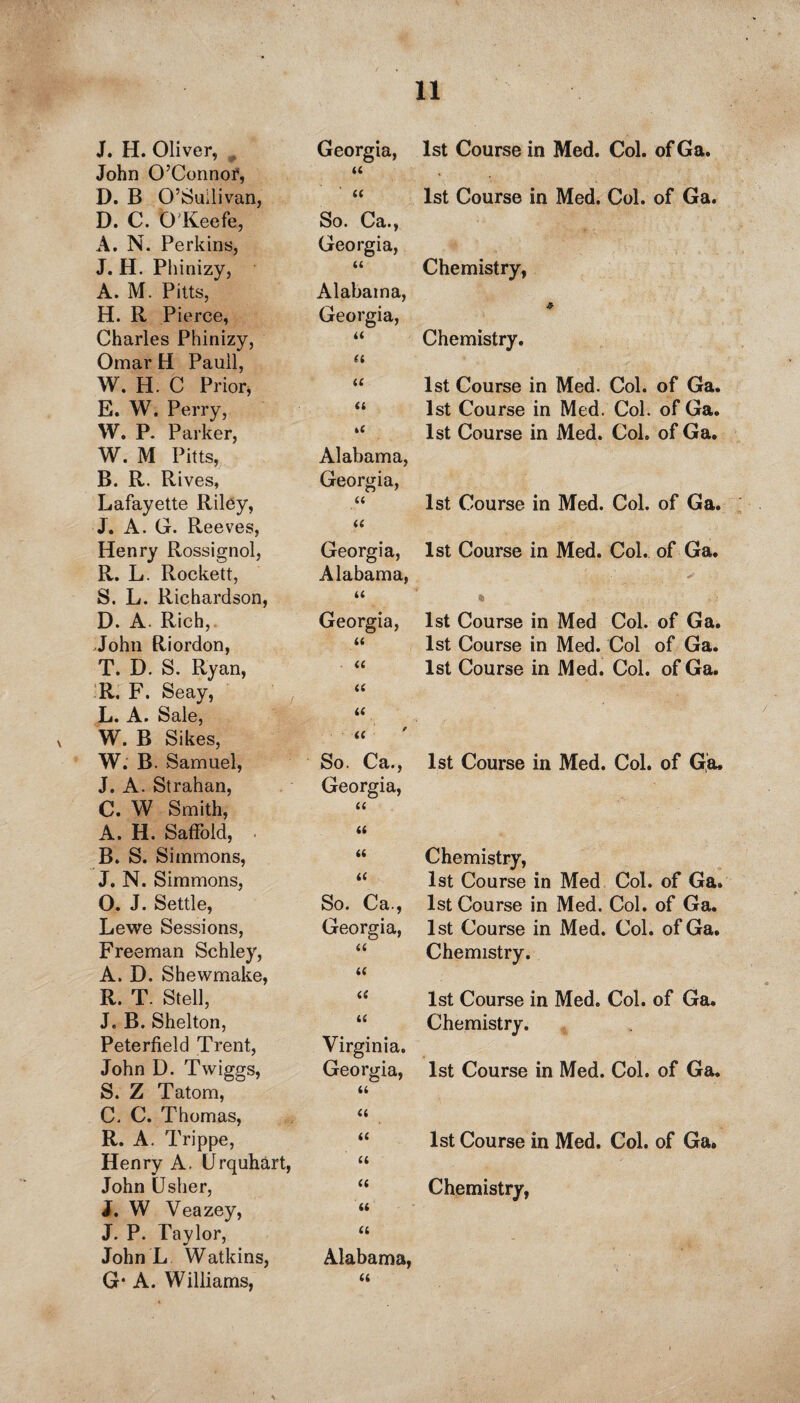 J. H. Oliver, Georgia, John O’Connor, a D. B O’Sullivan, it D. C. O'Keefe, So. Ca., A. N. Perkins, Georgia, J. H. Phinizy, (t A. M. Pitts, Alabama, H. R Pierce, Georgia, Charles Phinizy, a Omar H Pauli, a W. H. C Prior, a E. W. Perry, n W. P. Parker, »< W. M Pitts, Alabama, B. R. Rives, Georgia, Lafayette Riley, it J. A. G. Reeves, a Henry Rossignol, Georgia, R. L. Rockett, Alabama, S. L. Richardson, a D. A. Rich, Georgia, John Riordon, a T. D. S. Ryan, a R, F. Seay, a L. A. Sale, tt W. B Sikes, u W. B. Samuel, So. Ca., J. A. Strahan, Georgia, C. W Smith, a A. H. Saffold, , it B. S. Simmons, tt J. N. Simmons, a 0. J. Settle, So. Ca., Lewe Sessions, Georgia, Freeman Schley, a A. D. Shewmake, a R. T. Stell, a J. B. Shelton, u Peterfield Trent, Virginia. John D. Twiggs, Georgia, S. Z Tatom, tt C. C. Thomas, it R. A. Trippe, ii Henry A. Urquhart, it John Usher, it J. W Veazey, it J. P. Taylor, John L Watkins, ii Alabama, G* A. Williams, a 1st Course in Med. Col. of Ga. 1st Course in Med. Col. of Ga. Chemistry, * Chemistry. 1st Course in Med. Col. of Ga. 1st Course in Med. Col. of Ga. 1st Course in Med. Col. of Ga. 1st Course in Med. Col. of Ga. 1st Course in Med. Col. of Ga. ✓ % 1st Course in Med Col. of Ga. 1st Course in Med. Col of Ga. 1st Course in Med. Col. of Ga. 1st Course in Med. Col. of Ga. Chemistry, 1st Course in Med Col. of Ga. 1st Course in Med. Col. of Ga. 1st Course in Med. Col. ofGa. Chemistry. 1st Course in Med. Col. of Ga. Chemistry. 1st Course in Med. Col. of Ga. 1st Course in Med. Col. of Ga. Chemistry,