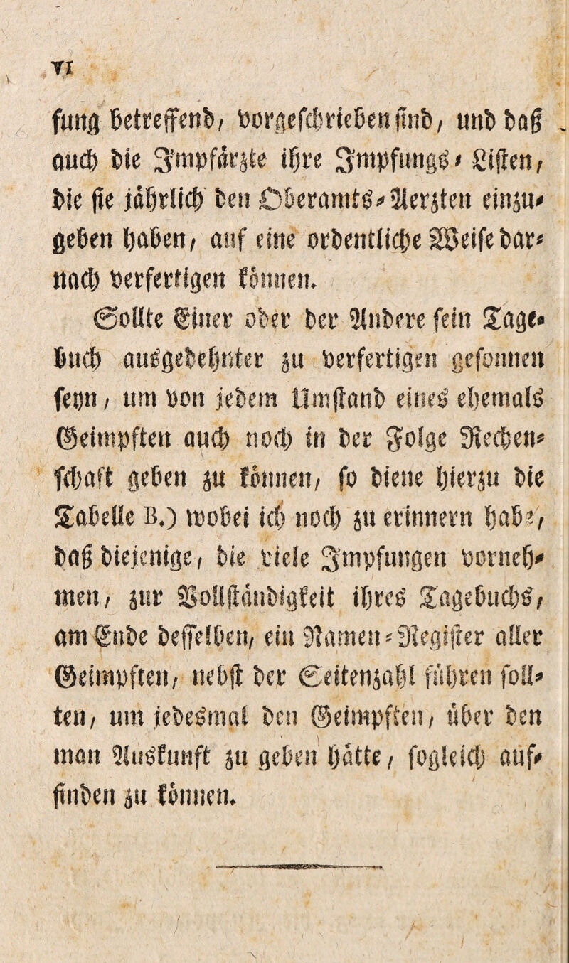 TI fuitö Betreffend/ vorgefdmebenjtnb, unb tag . oud> bie ^mpförste if)re ^ntpfungs» giften, bie ftc jäljrlid) ben Cl)es,attitö#2ierjteii einju* geben hoben, auf eine orbentlicbe SSeifebor* nad) verfertigen Jönnen. ©ollte @i«er ober Der 3tnbere fein Sage« Sud) au^gebetjnter ju Verfertigen gefonnen fepn, um von jebem Umjtonb eines ebemotS ©eimpften and) nod) in ber golge Recken» fdjaft geben ju fbnnen, fo biene tjierju bie Tabelle b.) tnobei id) nod) ju erinnern b«be, boft biejenige, bte viele 3’mpfungen vornefy men, jur SSoflftöubigfeit ihres £agebud)S, gm gnbe beffelben, ein Atomen * Siegijter öfter ©eimpften, nebft ber ©eitenjobt fuhren foit» teu, um jebeSmol beti ©eimpften, über ben man iHuSfunft ju geben batte, fogteief) auf* finbeu $u tonnen.