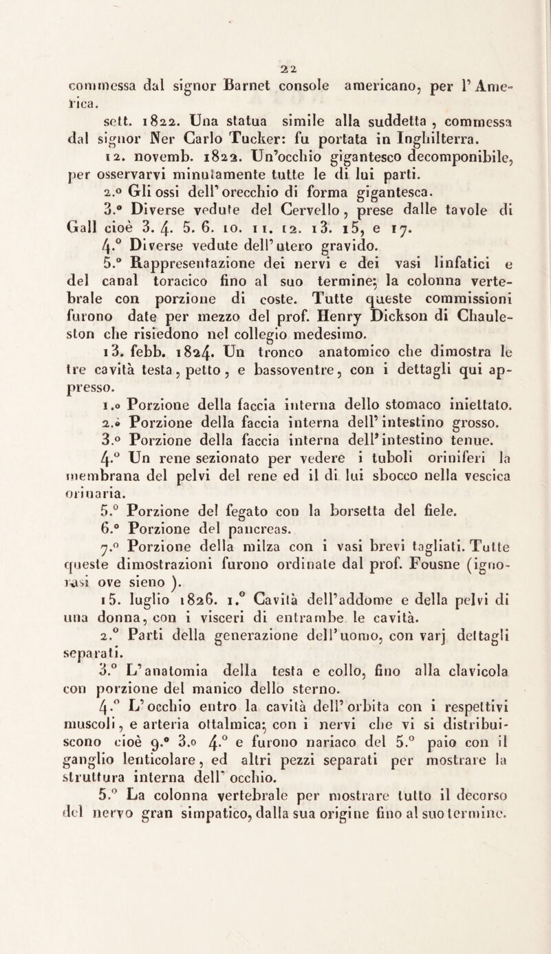 commessa dal signor Barnet console americano, per 1’ Ame¬ rica. seti. 1822. Una statua simile alla suddetta , commessa dal signor Ner Carlo Tucker: fu portata in Inghilterra. 12. novemb. 1822. Un’occhio gigantesco decomponibile, per osservarvi minutamente tutte le di lui parti. 2.0 Gli ossi dell’orecchio di forma gigantesca. 3.® Diverse vedute dei Cervello, prese dalle tavole di Gali cioè 3.4- 5.6. io. 11. i2. i3. i5, e 17. 4»° Diverse vedute dell’utero gravido. 5.® Rappresentazione dei nervi e dei va&i linfatici e del canal toracico fino al suo termine: la colonna verte¬ brale con porzione di coste. Tutte queste commissioni furono date per mezzo del prof. Henry Dickson di Chaule- ston che risiedono nel collegio medesimo. 13. febb. 1824* Un tronco anatomico che dimostra le tre cavità testa, petto, e bassoventre, con i dettagli qui ap¬ presso. 1.0 Porzione della faccia interna dello stomaco iniettato, 2. ® Porzione della faccia interna dell’ intestino grosso. 3. ° Porzione della faccia interna dell’intestino tenue. [\.° Un rene sezionato per vedere i tuboli oriniferi la membrana del pelvi del rene ed il di lui sbocco nella vescica orinaria. 5. ° Porzione del fegato con la borsetta del fiele. 6. ® Porzione del pancreas. 7.0 Porzione della milza con i vasi brevi tagliati. Tutte queste dimostrazioni furono ordinate dal prof. Fousne (igno¬ rasi ove sieno ). i5. luglio 1826. i.° Cavità dell’addome e della pelvi di una donna, con i visceri di entrambe le cavità. 2.0 Parti della generazione dell’uomo, con varj dettagli separati. 3.° L’anatomia della testa e collo, fino alla clavicola con porzione del manico dello sterno. 4-° L’occhio entro la cavità dell’orbita con i respettivi muscoli, e arteria oftalmica^ con i nervi che vi si distribui¬ scono cioè 9.® 3.o 4-° e furono nariaco del 5.° paio con il ganglio lenticolare, ed altri pezzi separati per mostrare la struttura interna dell occhio. 5.° La colonna vertebrale per mostrare tutto il decorso del nervo gran simpatico, dalla sua origine fino al suo termine.
