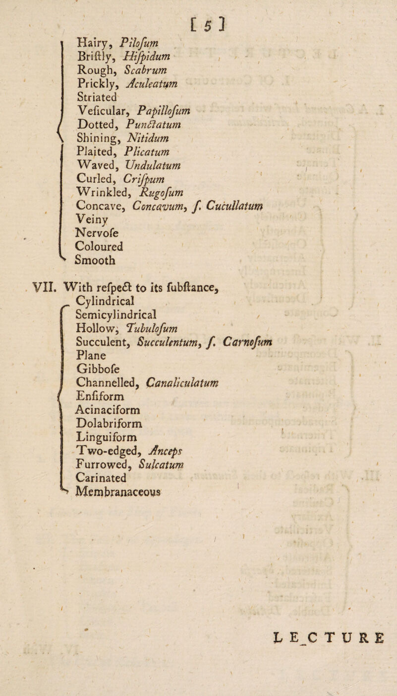 1 Hairy, Pilofum Bri ftly, Hifpidum Rough, Scabrum Prickly, Aculeatum Striated Veficular, Papillofum / Dotted, Punftatum \ Shining, Nitidum Plaited, Plicatum Waved, Undulatum Curled, Crifpum Wrinkled, Rugofum Concave, Concavum, f. Cucullatum Veiny Nervofe Coloured ^ Smooth * ' I VII. With refpe£t to its fubftance. Cylindrical Semicylindrical Hollow, Pubulofum Succulent, Succulentum, f Carnofum Plane Gibbofe Channelled, Canallcuhtum / Enfiform Acinaciform Dolabriform Linguiform Two-edged, Anceps Furrowed, Sulcatum Carinated Membranaceous * a - i