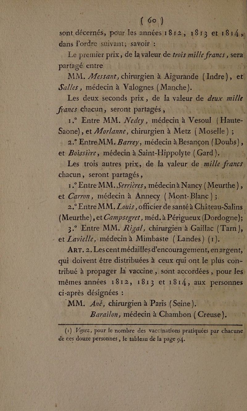 dans l’ordre suivant; savoir : | | Le premier prix, de la valeur de #rois mélle EAU sera partagé entre | MM. Messant, chirurgien à Aïgurande Hndrel , et. Salles , médecin à Valognes (Manche). Les deux seconds prix, de [a valeur de deux mille francs chacun, seront partagés, f us , et Morlanne, chirurgien à Metz ( Moselle) ; 2. EntreMM. Barrey, médecin à Besançon (Doubs), et Boissiére, médecin à Saint-Hippolyte (Gard }. Les trois autres prix, de Îa valeur. de mille Mégiiés chacun, seront partagés, 1. Entre MM. Serrières, médecin à Nancy] Meurthe js et Carron, médecim à Annecy (Mont-Blanc ) ; 2,° Entre MM. Louis, officier de santé à Château-Salins (Meurthe), et Campsegret, méd. à Périgueux (Dordogne); 3.° Entre MM. Rigal, chirurgien à Gaillac (Tarn }, et Lavielle, médecin à Mimbaste ( Landes) (1). ART. 2. Les cent médailles d’encouragem ent,enargent, qui doivent être distribuées à ceux qui ont le plus con- mêmes années 1812, 1813 et 1814, aux personnes ci-après désignées : * MM. Ané, chirurgien à Paris (Seine ). Barailon, médecin à Chambon ini (1) Voyez, pour le nombre des vaccinations pratiquées par chACUDE de ces douze personnes , e tableau de la page 04. à