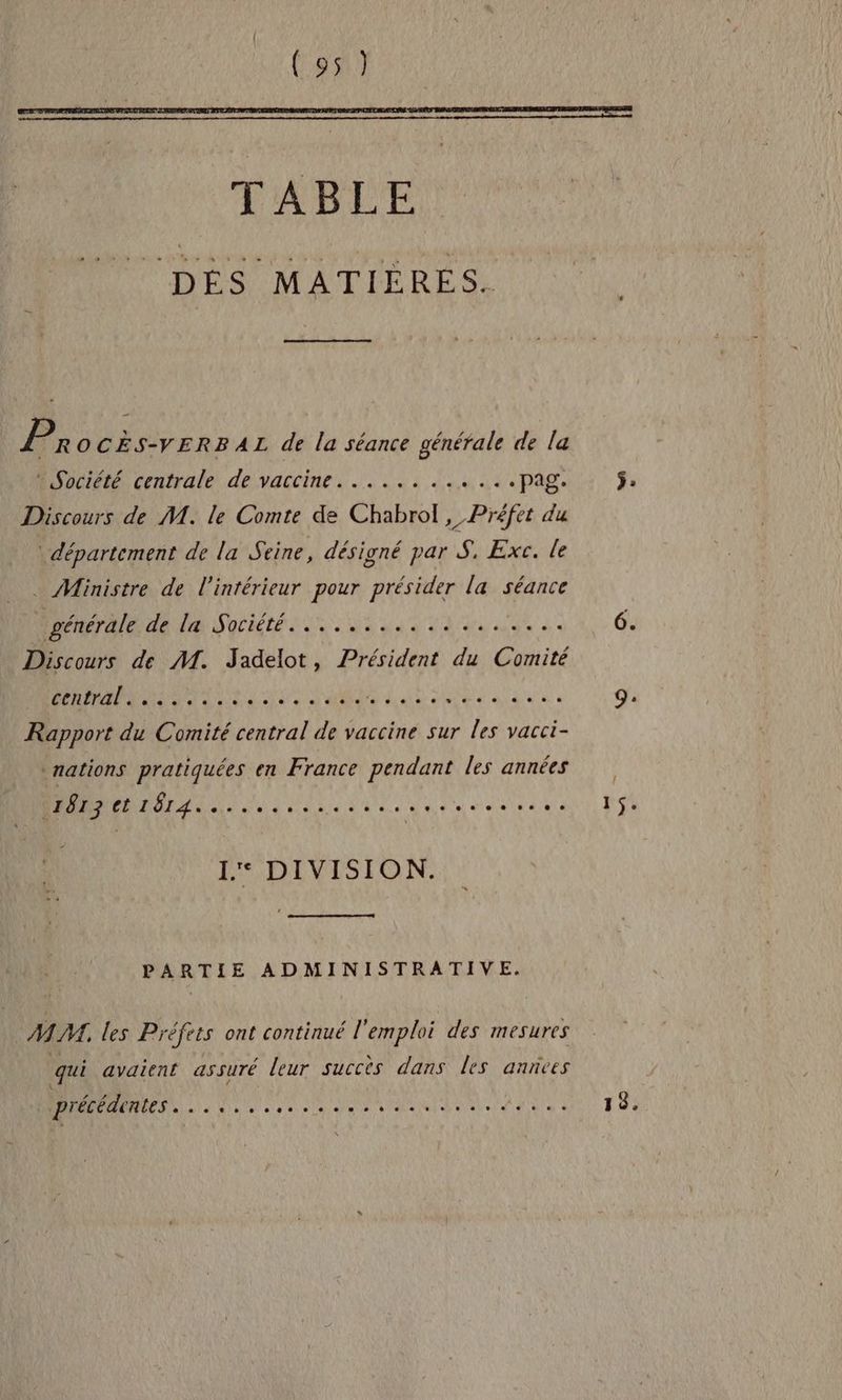 P ROCÉS-VERB AL de la séance générale de la Société centrale de vaccine........ HAVE. Discours de M. le Comte de Chabrol , Préfet du : département de la Seine, désigné par S, Exc. le . Ministre de l'intérieur pour présider la séance Uoénérale de la Société... unie Lie dune Discours de M. Jadelot, Président du Comité RP TR LS MAS LT EU à aie aa « Rapport du Comité central de vaccine sur les vacci- ! nations pratiquées en France pendant les années A A a A ete ate à 1 DIVISION. . PARTIE ADMINISTRATIVE. MA. les Préfets ont continué l'emploi des mesures qui avaient assuré leur succès dans les annñves DMMMMER 0, nn PE 'E 15.