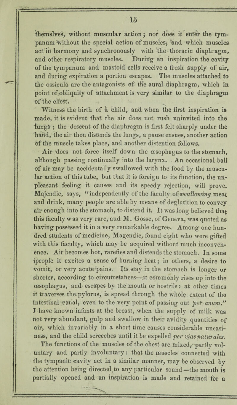 i* » + themslves, without muscular action; nor does it enter the tym¬ panum without the special action of muscles, and which muscles act in harmony and synchronously with the thoracic diaphragm, and other respiratory muscles. Duririg an inspiration the cavity of the tympanum and mastoid cells receive a fresh supply of air, and during expiration a portion escapes. The muscles attached to the ossicula are the antagonists of the aural diaphragm, which in point of obliquity of attachment is very similar to the diaphragm of the chest. Witness the birth of a child, and when the first inspiration is made, it is evident that the air does not rush uninvited into the lungS ; the descent of the diaphragm is first felt sharply under the hand, the air then distends the lungs, a pause ensues, another action of the muscle takes place, and another distention follows. Air does not force itself down the oesophagus to the stomach, although passing continually into the larynx. . An occasional ball of air may be accidentally swallowed with the food by the muscu¬ lar action of this tube, but that it is foreign to its function, the un¬ pleasant feeling it causes and its speedy rejection, will prove. Majendie, says, “independently of the faculty q£ swallowing meat and drink, many people are able by means of deglutition to convey air enough into the stomach, to distend it. It was long believed that this faculty was very rare, aud M, Gosse, cf Geneva, was quoted as having possessed it in a very remarkable degree. Among one hun¬ dred students of medicine, Magendie, found eight who were gifted with this faculty, which may be acquired without much inconven- ence. Air becomes hot, rarefies and distends the stomach. In some ipeople it excites a sense of burning heat $ in others, a desire to vomit, or very acute pains. Its stay in the stomach is longer or shorter, according to circumstances—It commonly rises up into the oesophagus, and escapes by the mouth or nostrils: at other times it traverses the pylorus, is spread through the whole extent of the intestinal -canal, even to the very point of passing out pei' anum.” I have known infants at the breast, when the supply of milk was not very abundant, gulp and swallow in their avidity quantities of air, which invariably in a short time causes considerable uneasi¬ ness, and the child screeches until it be expelled per vias naturales. The functions of the muscles of the chest are mixed/ partly vol¬ untary and partly involuntary: that the muscles connected with the tympanic eavitv act in a similar manner, may be observed by the attention being directed.to any particular sound—the mouth is partially opened and an inspiration is made and retained for a