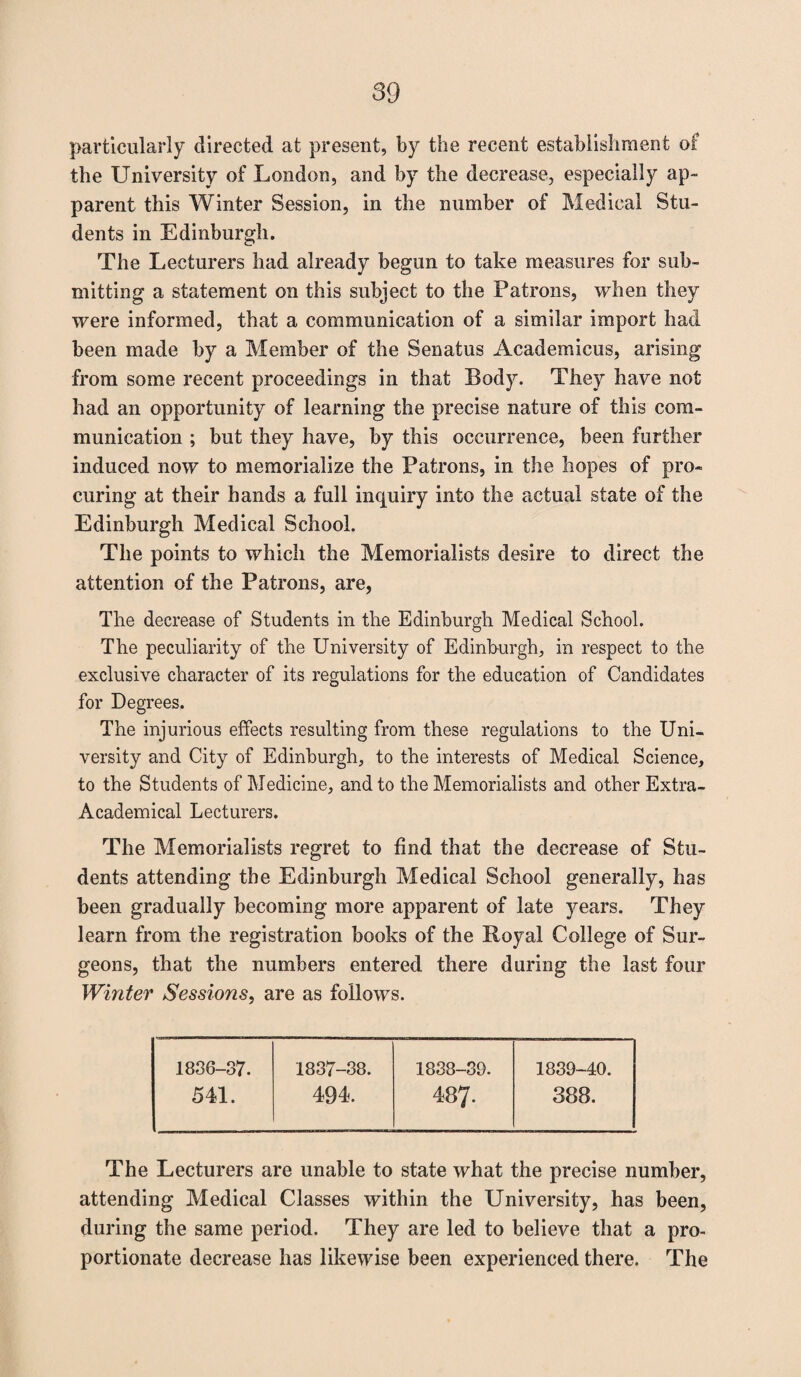 89 particularly directed at present, by the recent establishment of the University of London, and by the decrease, especially ap¬ parent this Winter Session, in the number of Medical Stu¬ dents in Edinburgh. C' The Lecturers had already begun to take measures for sub¬ mitting a statement on this subject to the Patrons, when they were informed, that a communication of a similar import had been made by a Member of the Senatus Academicus, arising from some recent proceedings in that Body. They have not had an opportunity of learning the precise nature of this com¬ munication ; but they have, by this occurrence, been further induced now to memorialize the Patrons, in the hopes of pro« curing at their hands a full inquiry into the actual state of the Edinburgh Medical School. The points to which the Memorialists desire to direct the attention of the Patrons, are, The decrease of Students in the Edinburgh Medical School. The peculiarity of the University of Edinburgh, in respect to the exclusive character of its regulations for the education of Candidates for Degrees. The injurious effects resulting from these regulations to the Uni¬ versity and City of Edinburgh, to the interests of Medical Science, to the Students of Medicine, and to the Memorialists and other Extra- Academical Lecturers. The Memorialists regret to find that the decrease of Stu¬ dents attending the Edinburgh Medical School generally, has been gradually becoming more apparent of late years. They learn from the registration books of the Royal College of Sur¬ geons, that the numbers entered there during the last four Winter Sessions, are as follows. 1836-37. 1837-38. 1838-33. 1839-40. 541. 494. 487- 388. The Lecturers are unable to state what the precise number, attending Medical Classes within the University, has been, during the same period. They are led to believe that a pro¬ portionate decrease has likewise been experienced there. The